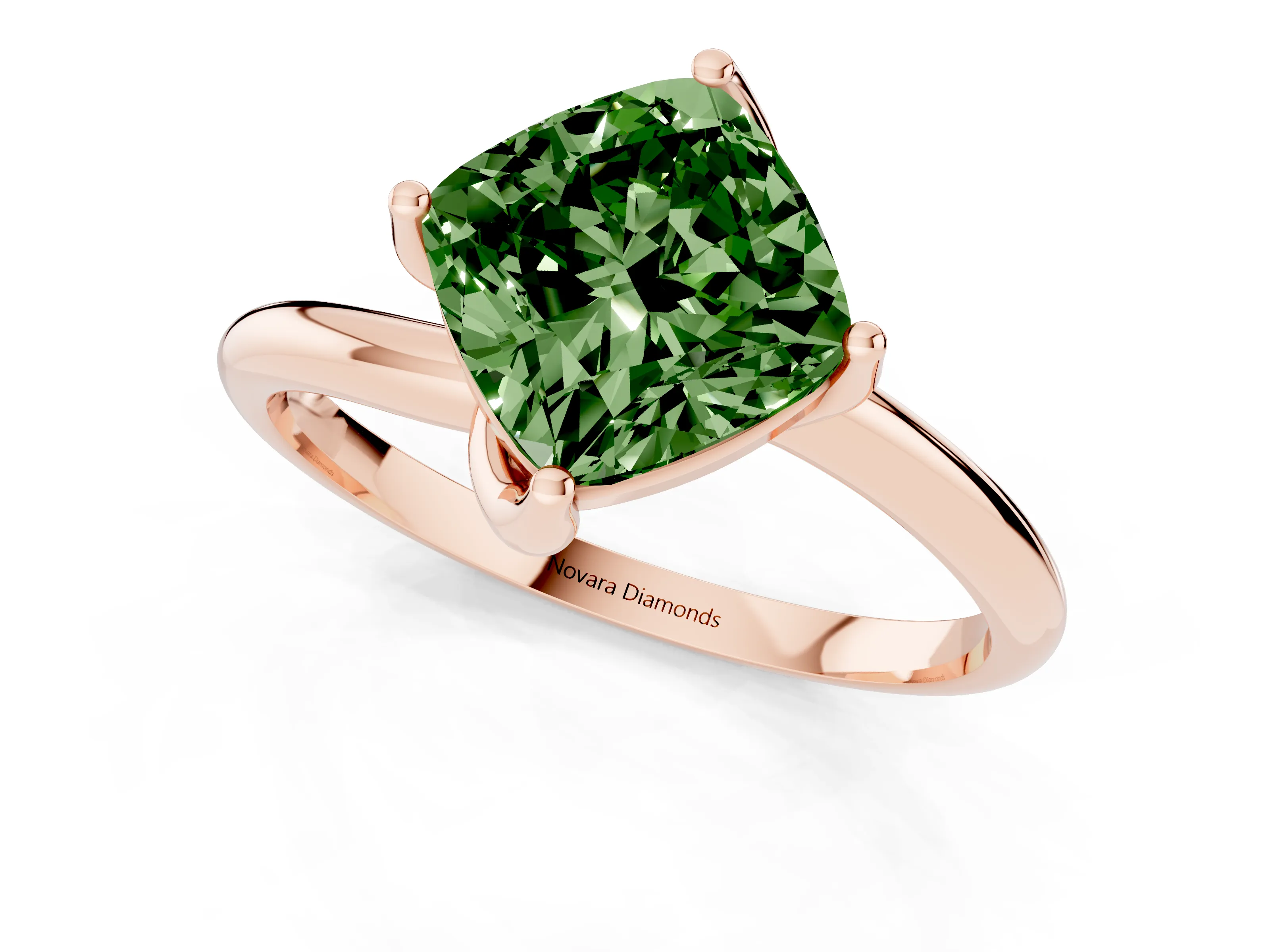 Fancy Green Cushion Cut Diamond Solitaire Engagement Ring Set in Rose gold with Classic Plain Band
