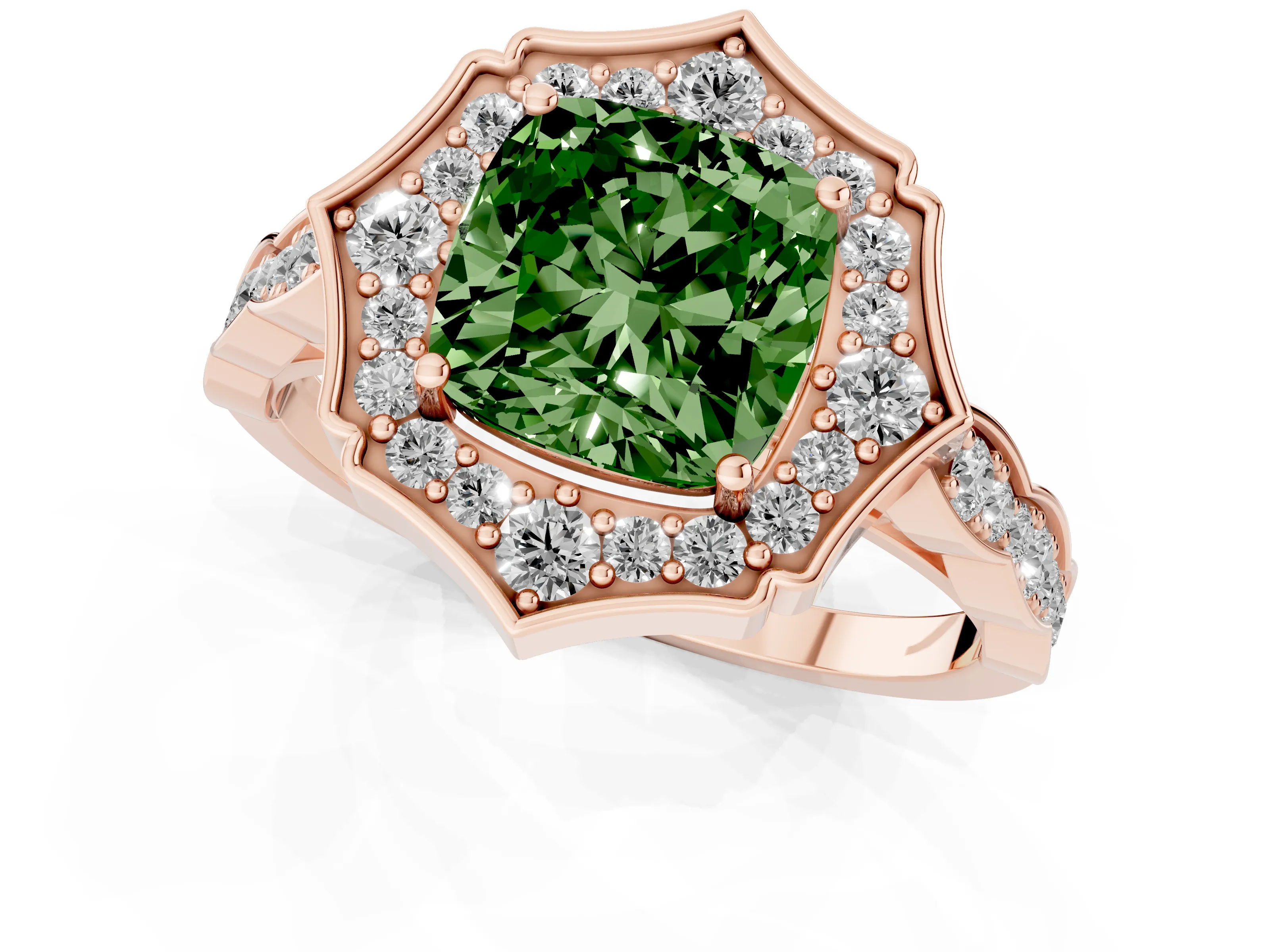 Fancy Green Cushion Cut Diamond Halo Engagement Ring Set in Rose gold with Milgrain Band and Prong Setting