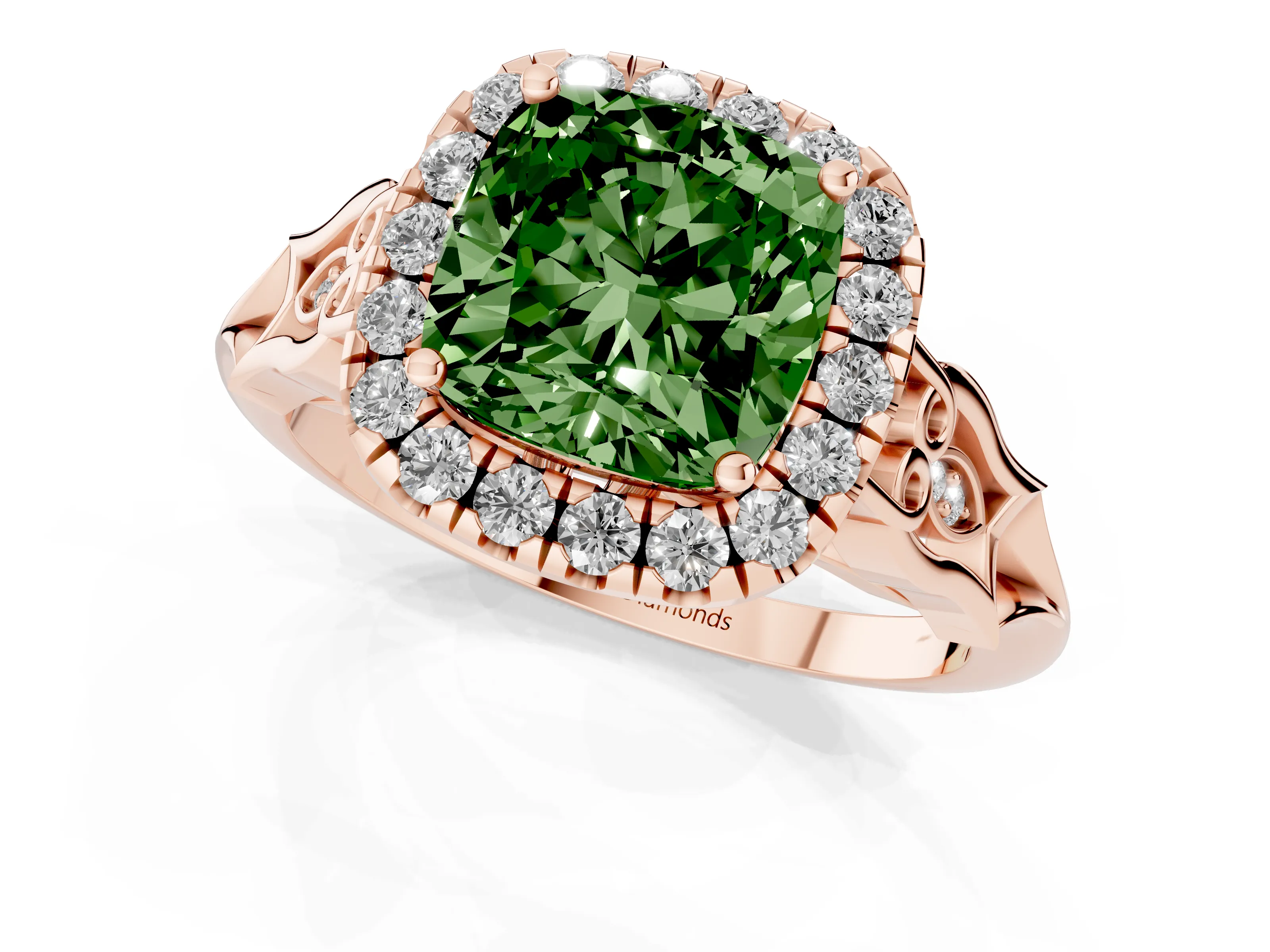 Fancy Green Cushion Cut Diamond Halo Engagement Ring Set in Rose gold with Filigree Band and Prong-Set Center
