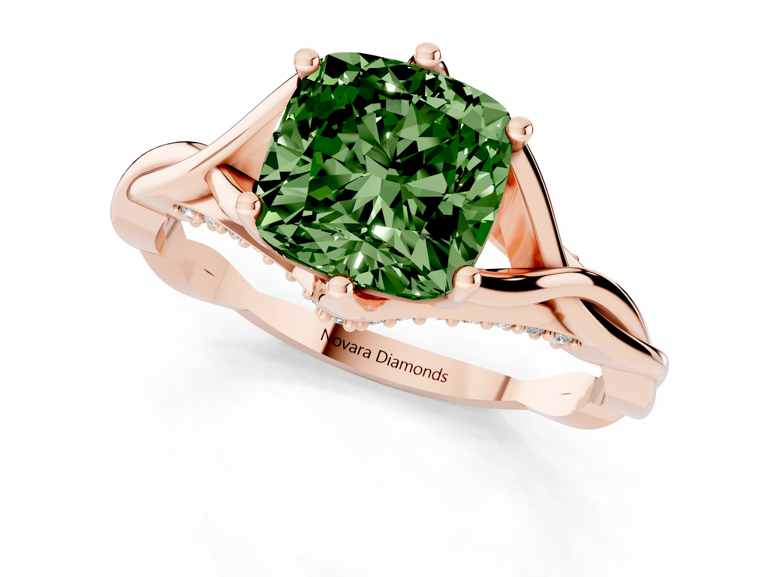 Fancy Green Cushion Cut Diamond Intertwined Twist Band Solitaire Ring Set in Rose gold with Prong Setting