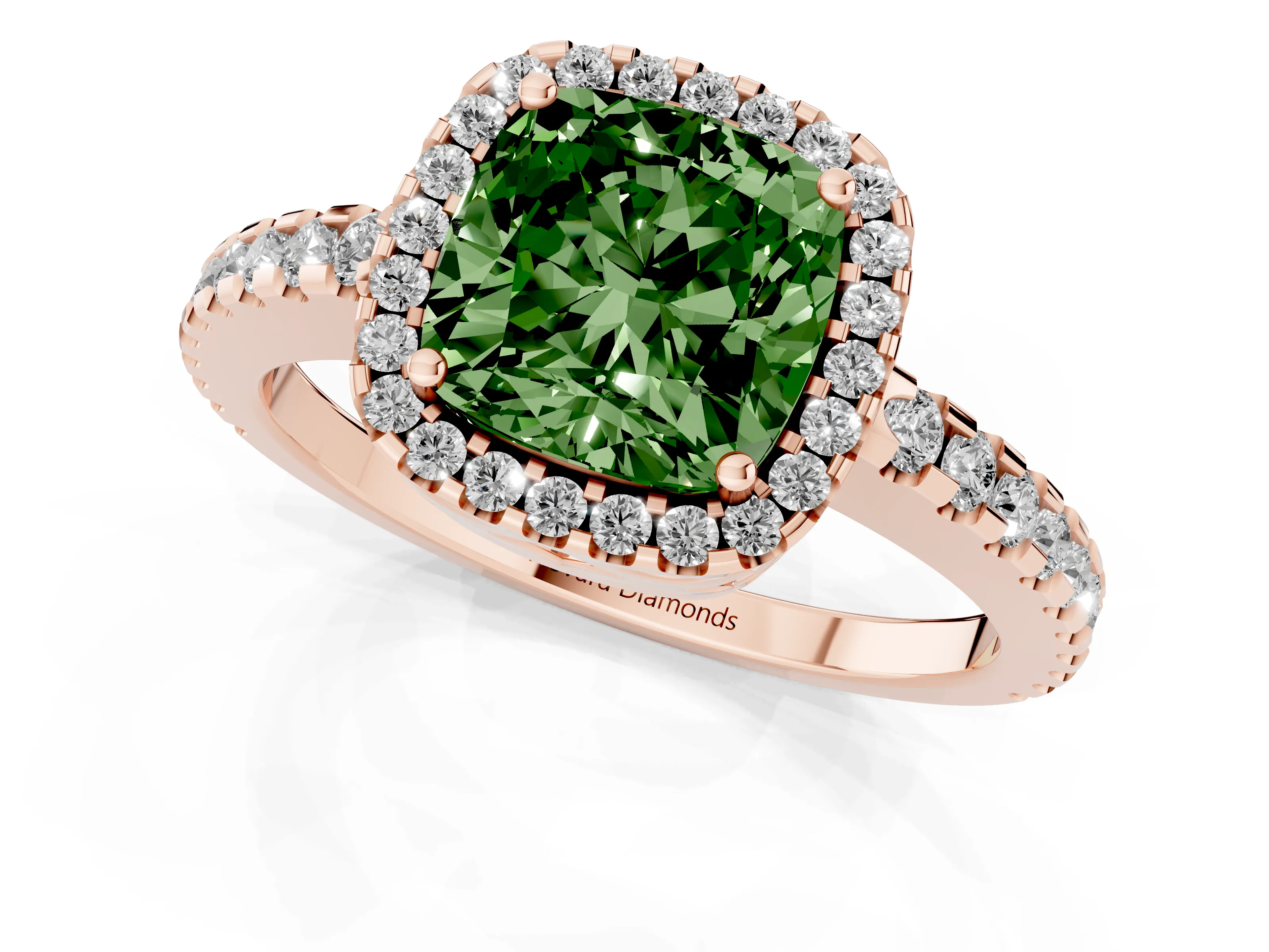 Fancy Green Cushion Cut Diamond Halo Ring Set in Rose gold with Pavé Shoulders and Halo-Framed Center