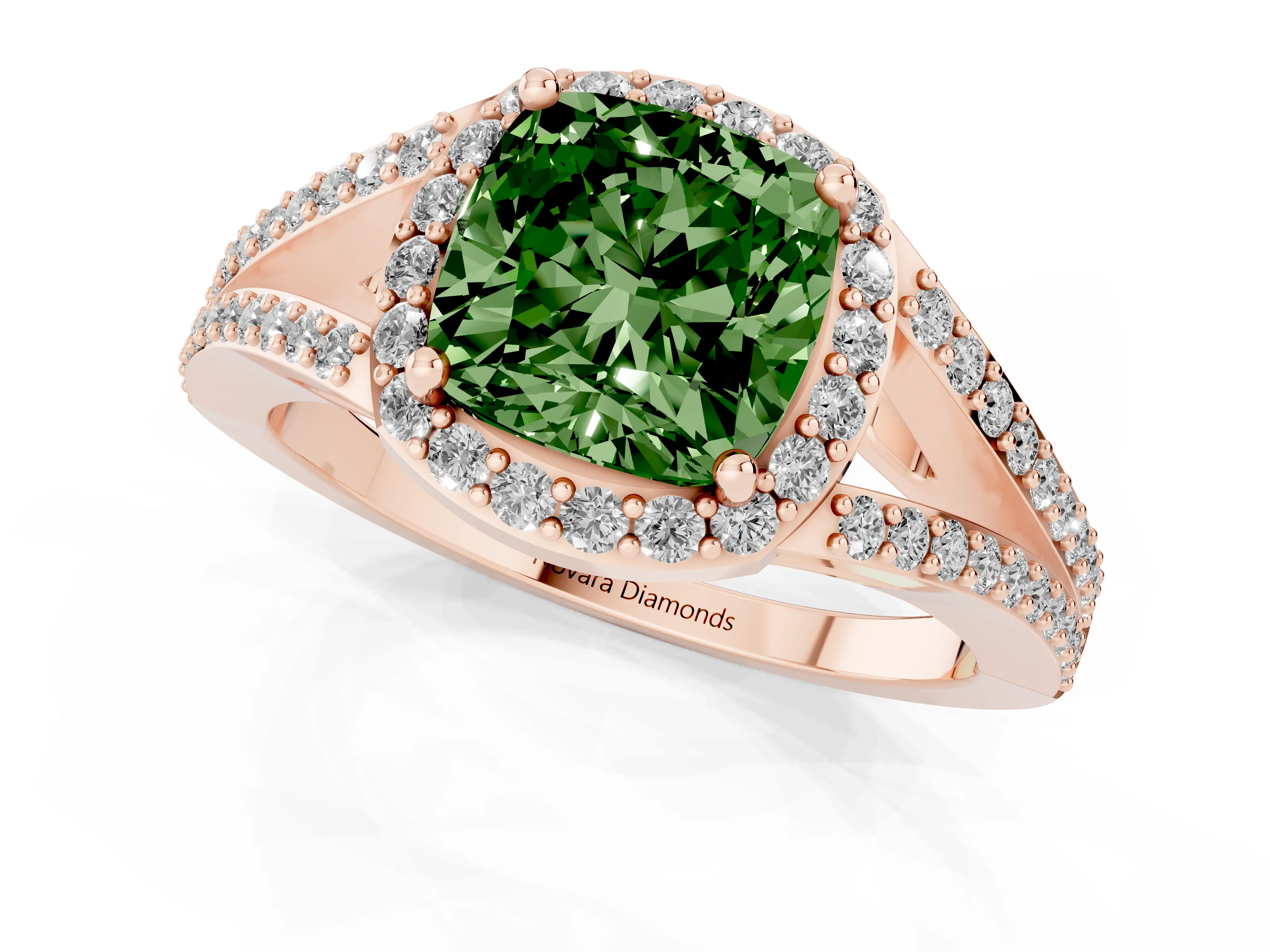 Fancy Green Cushion Cut Diamond Halo Split Shank Ring Set in Rose gold with Accent Stones and Prong Setting