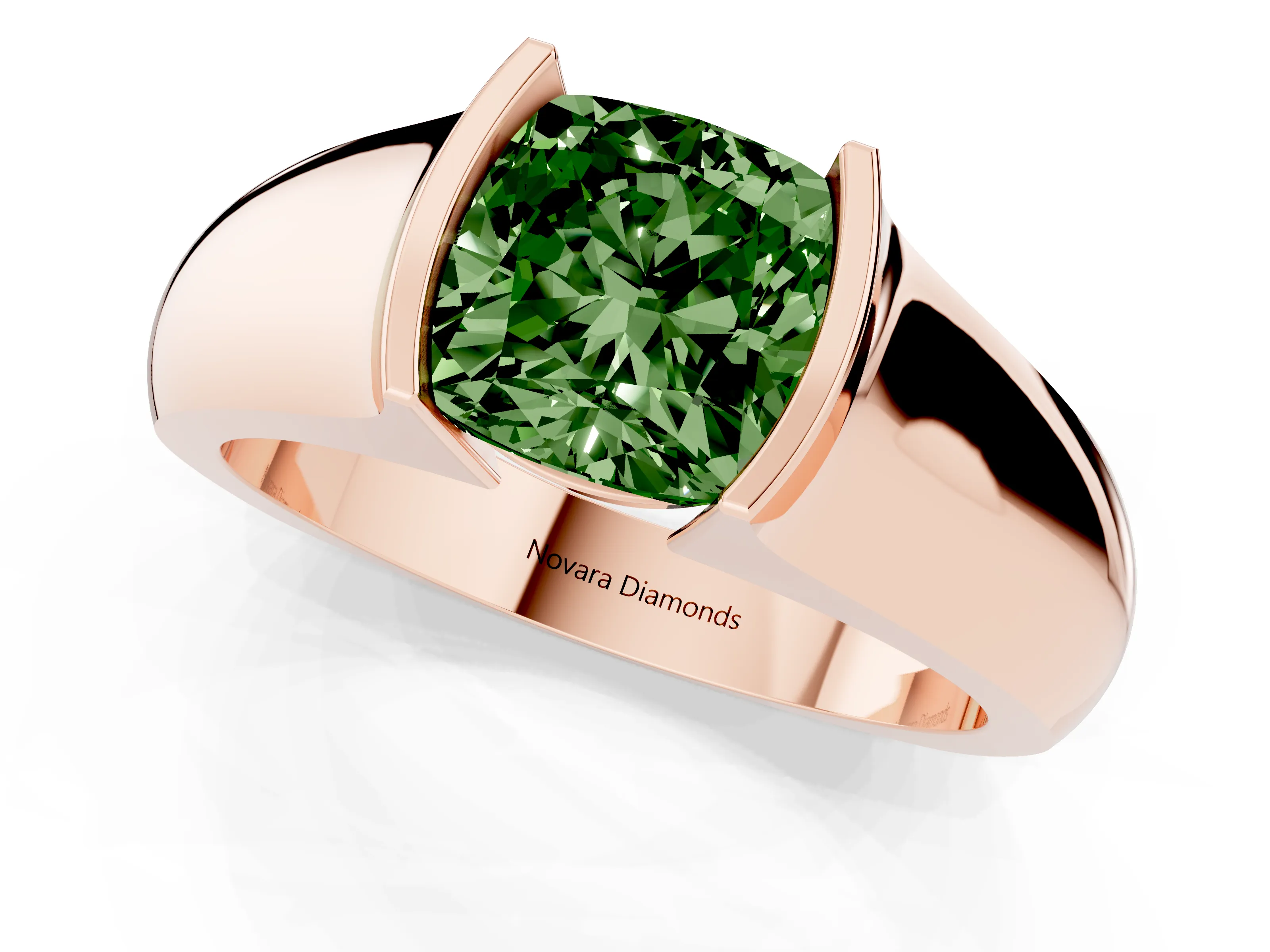 Fancy Green Cushion Cut Diamond Bezel Solitaire Ring Set in Rose gold with Wide Band