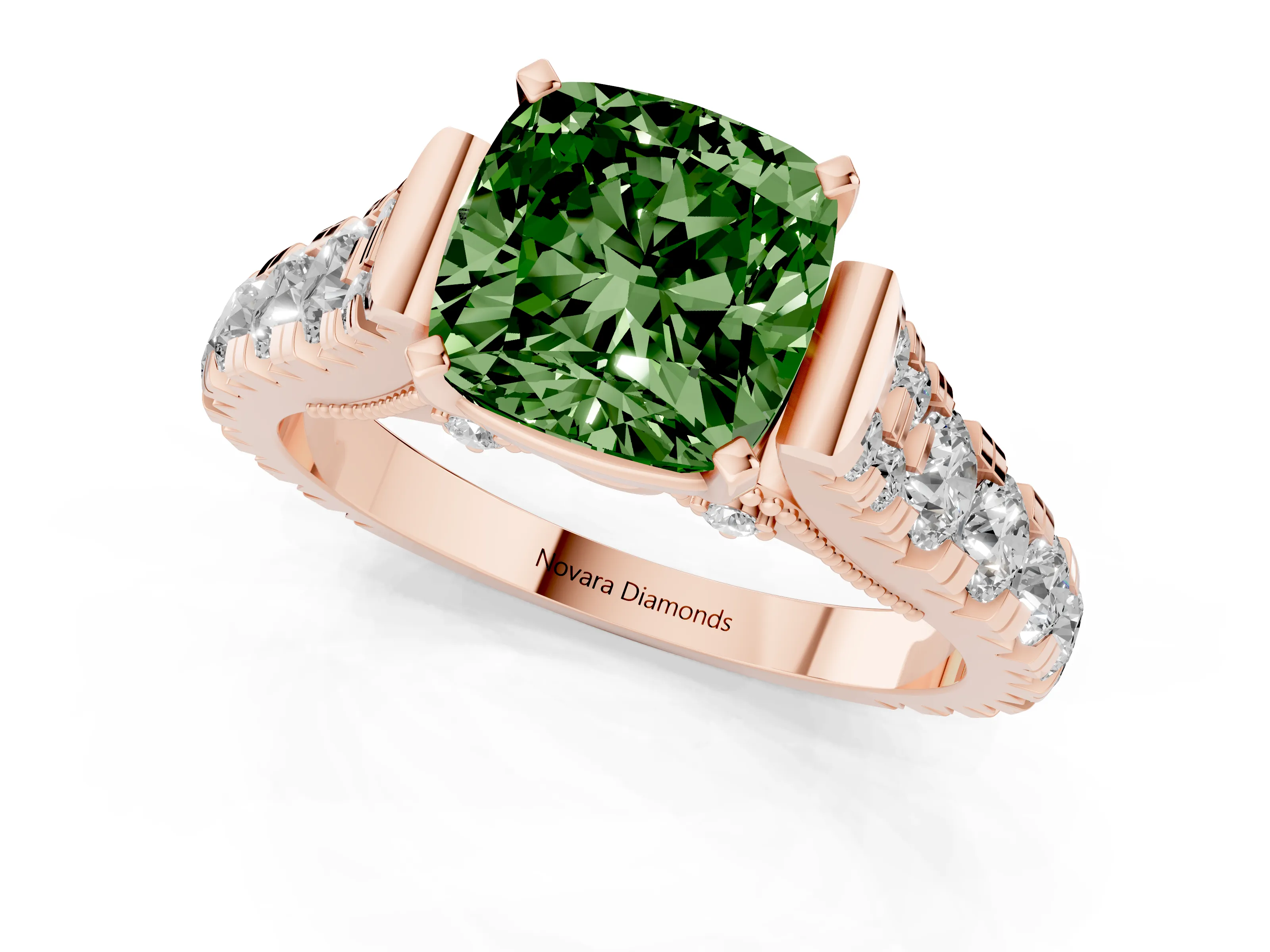 Fancy Green Cushion Cut Diamond Classic Solitaire Ring Set in Rose gold with Pavé Band and Prong Setting