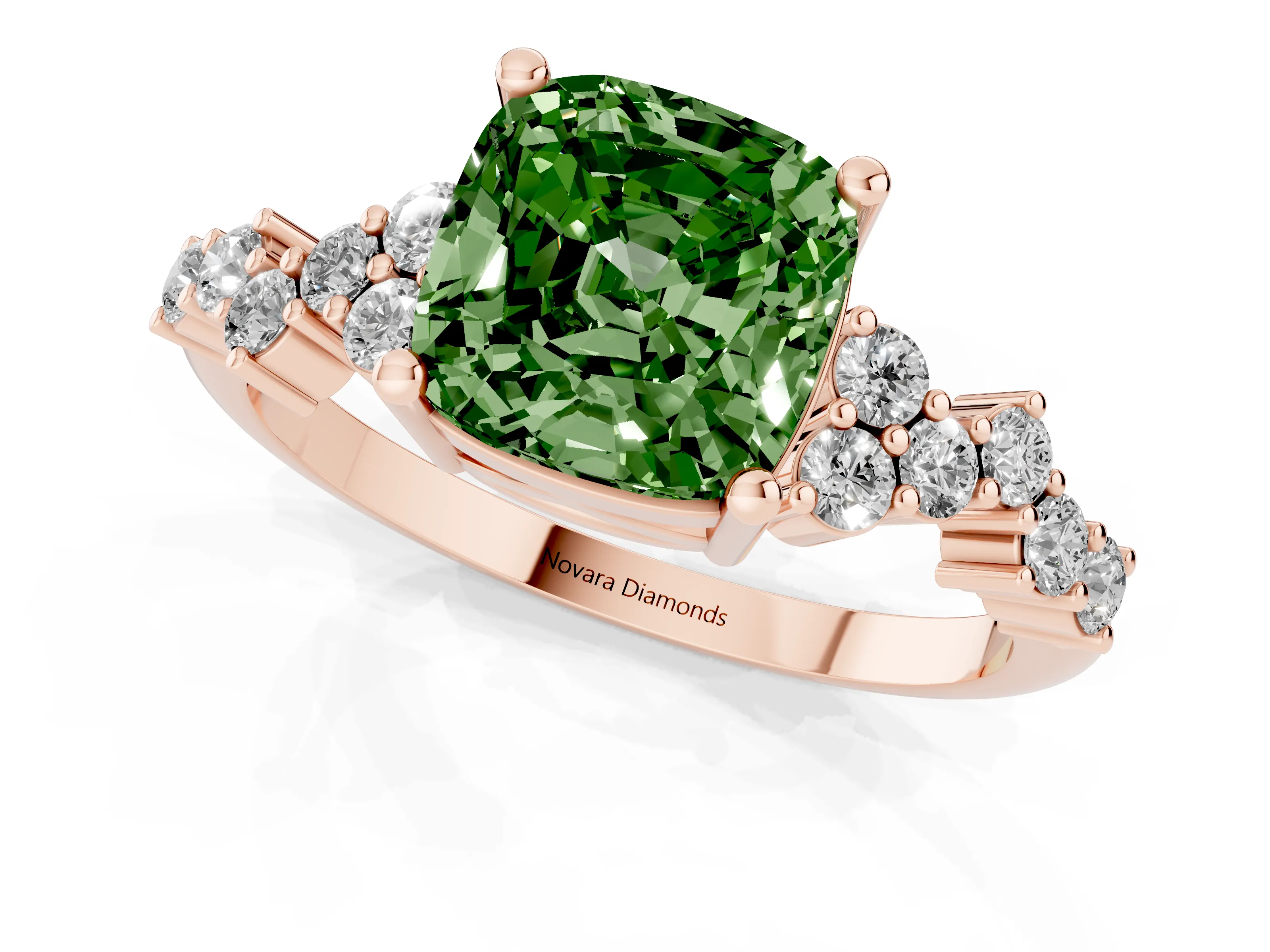 Fancy Green Cushion Cut Diamond Ring Set in Rose gold with Scattered Round Accents