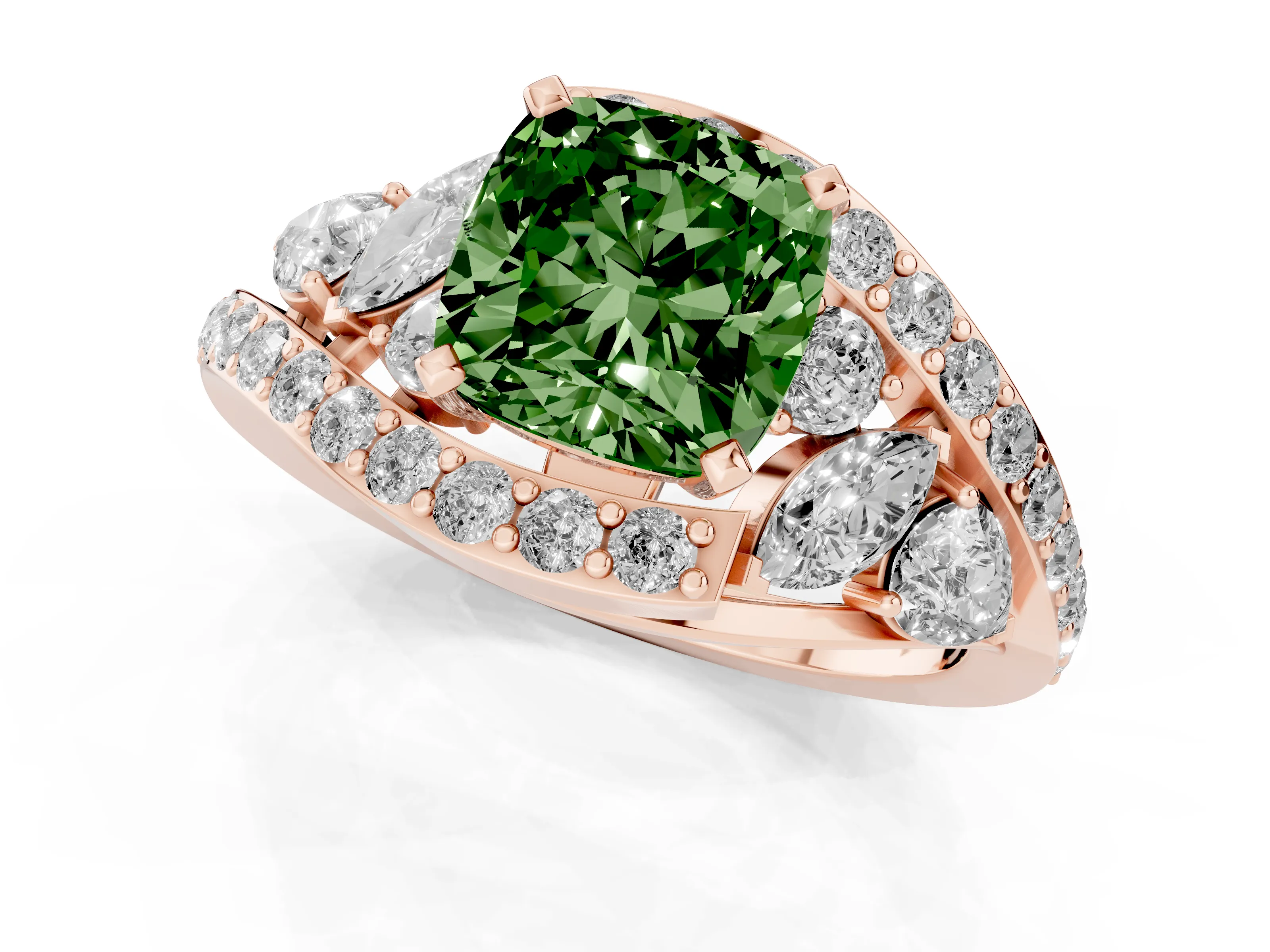 Fancy Green Cushion Cut Diamond Halo Ring Set in Rose gold with Marquise and Pavé Band in Prong Setting