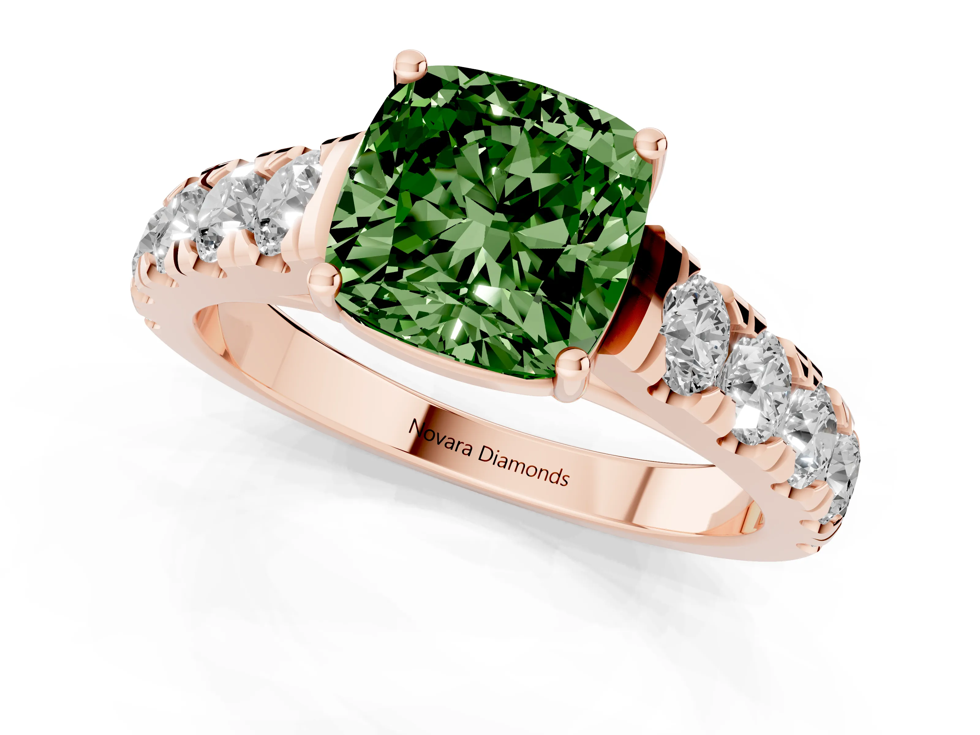 Fancy Green Cushion Cut Diamond Solitaire Ring Set in Rose gold with Cut-Down Micro Pavé Band and Prong Setting