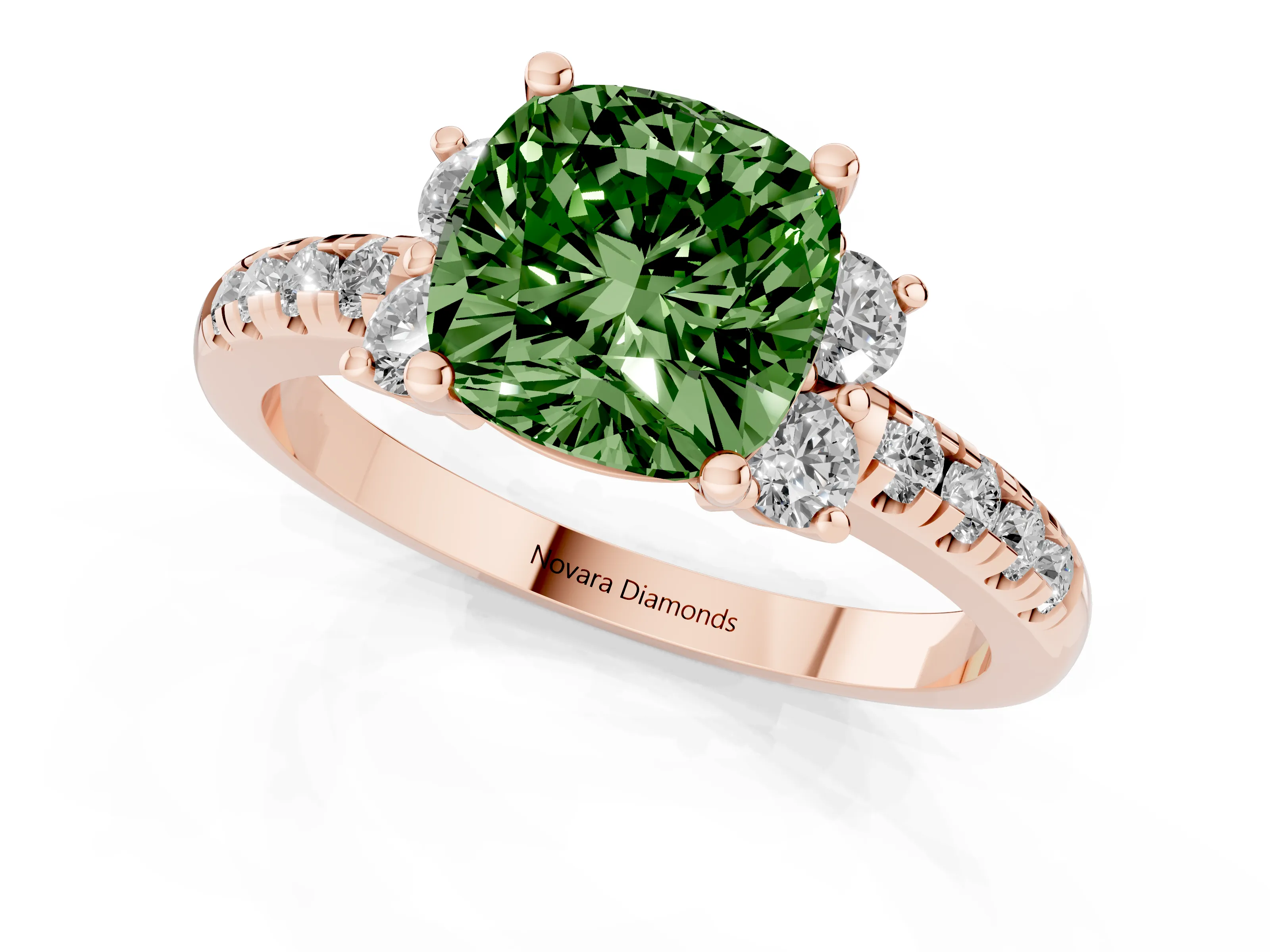 Fancy Green Cushion Cut Diamond Three-Stone Pavé Ring Set in Rose gold with Prong Setting