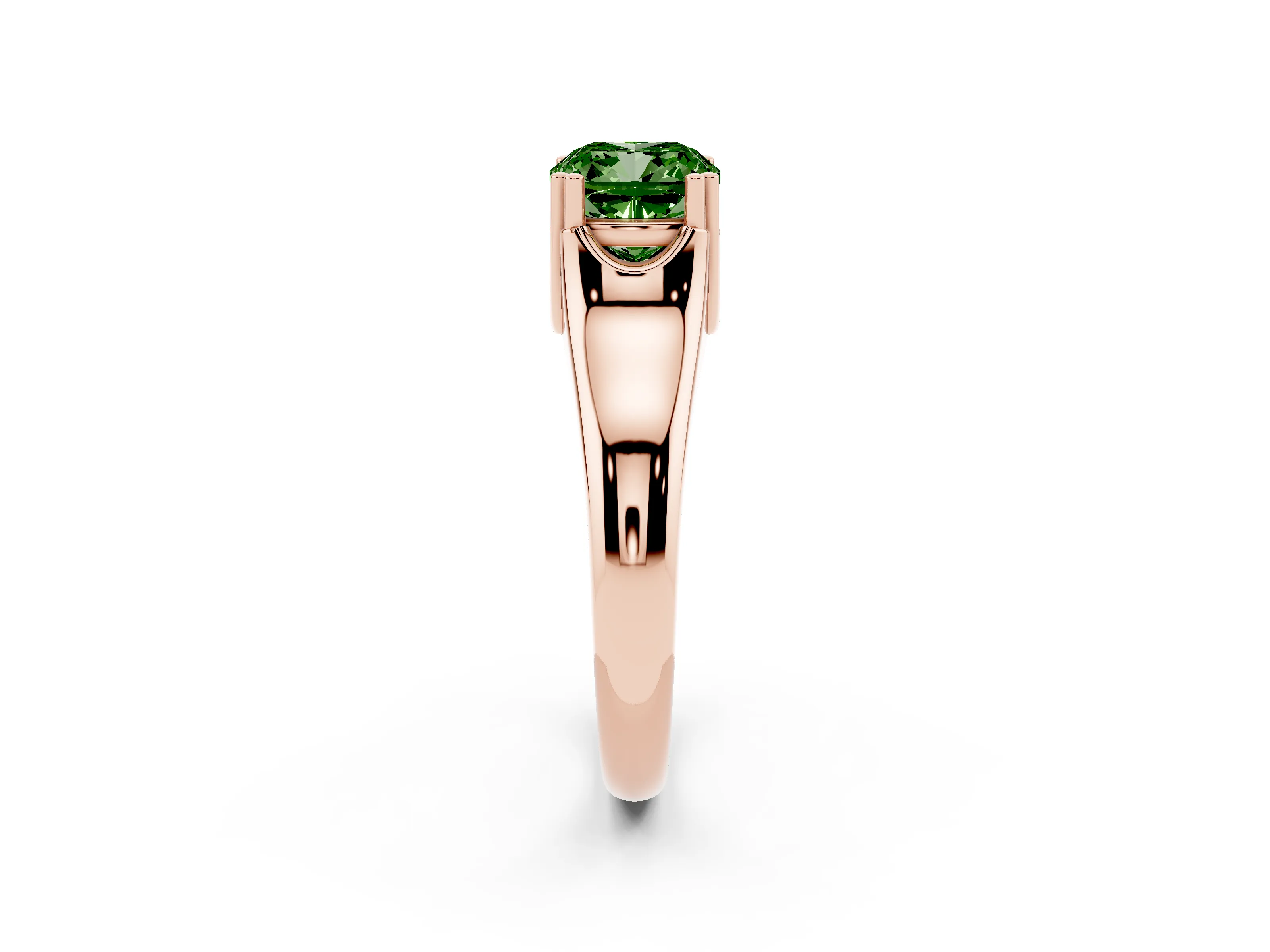 Fancy Green Cushion Cut Diamond Solitaire Ring Set in Rose gold with Wide Band and Prong Setting