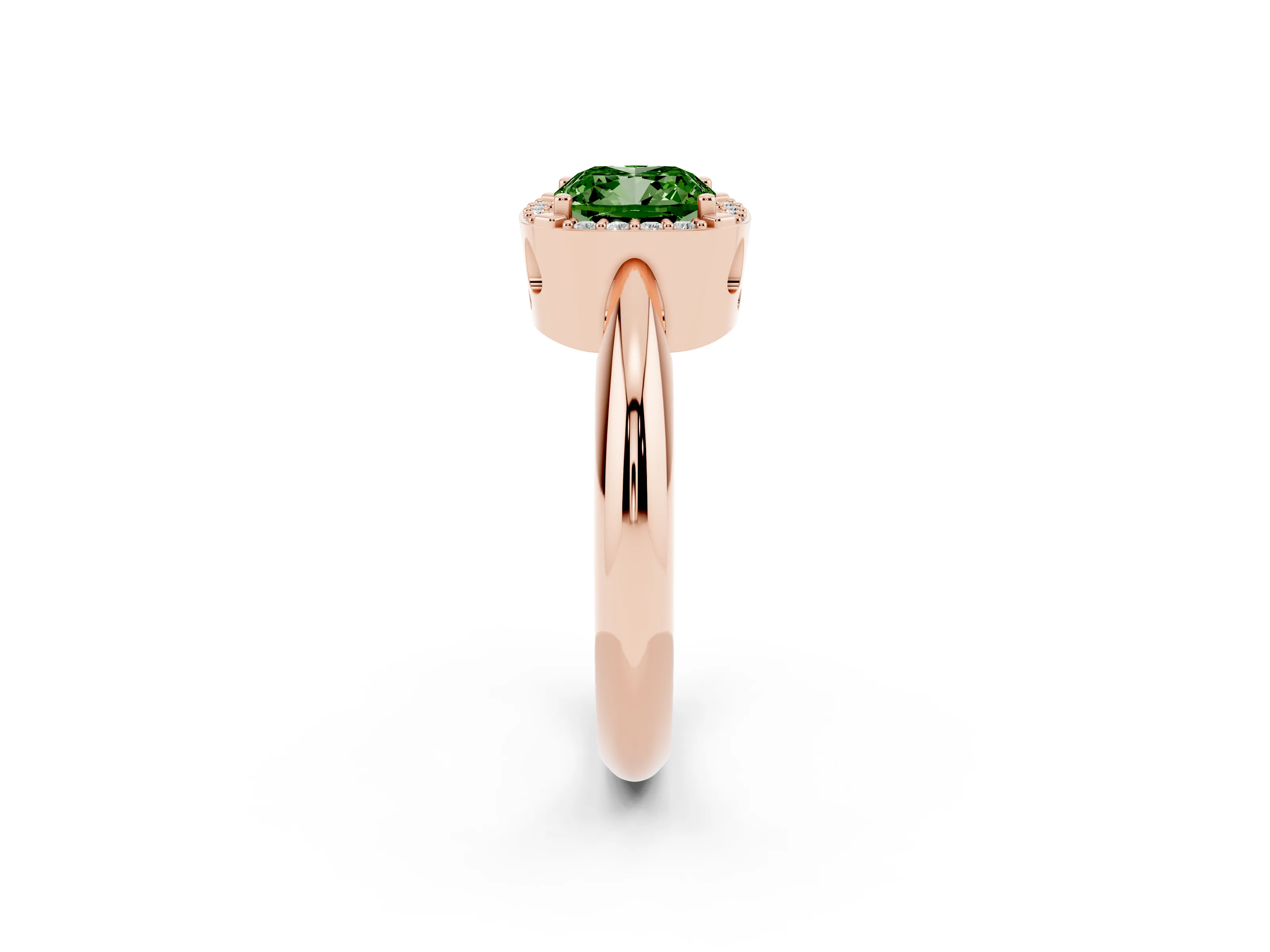 Fancy Green Cushion Cut Diamond Halo Engagement Ring Set in Rose gold with Plain Split Shank and Prong Setting