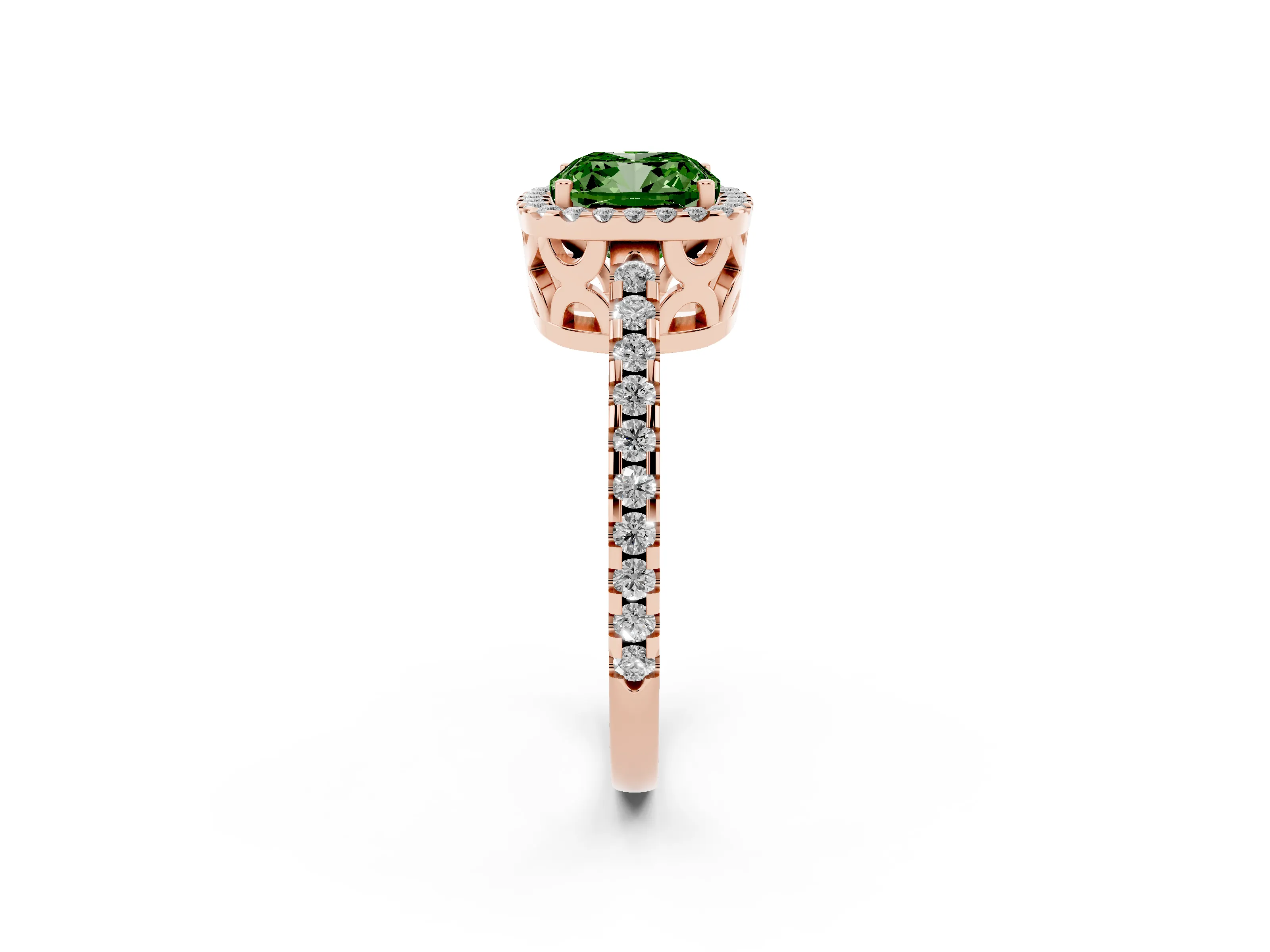 Fancy Green Cushion Cut Diamond Halo Ring Set in Rose gold with Pavé Shoulders and Halo-Framed Center