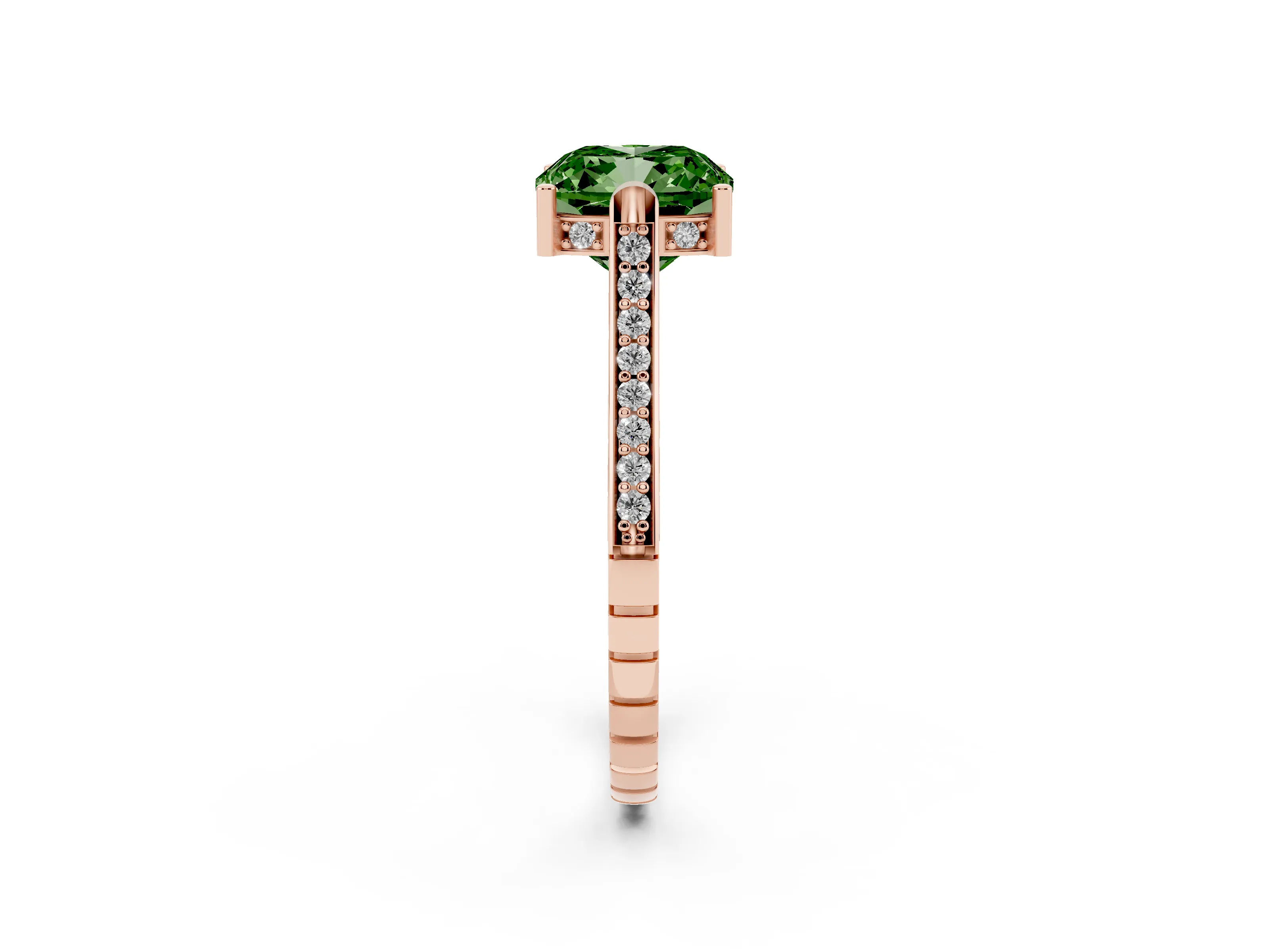 Fancy Green Cushion Cut Diamond Solitaire Ring Set in Rose gold with Channel Set Band and Bezel Prong Setting