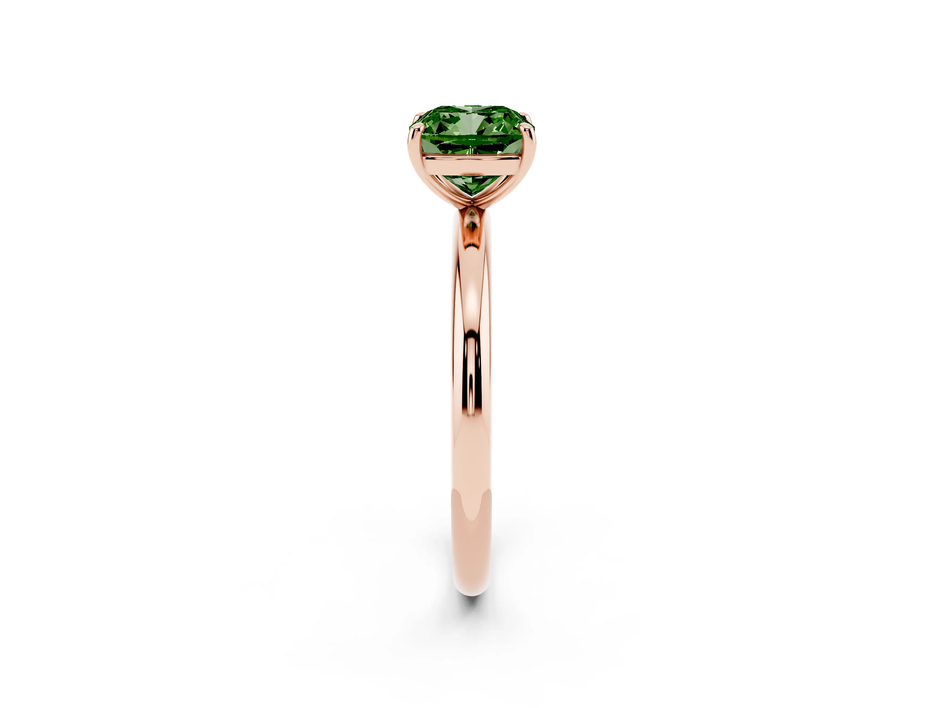 Fancy Green Cushion Cut Diamond Solitaire Ring Set in Rose gold with Prong Setting on a Polished Plain Band