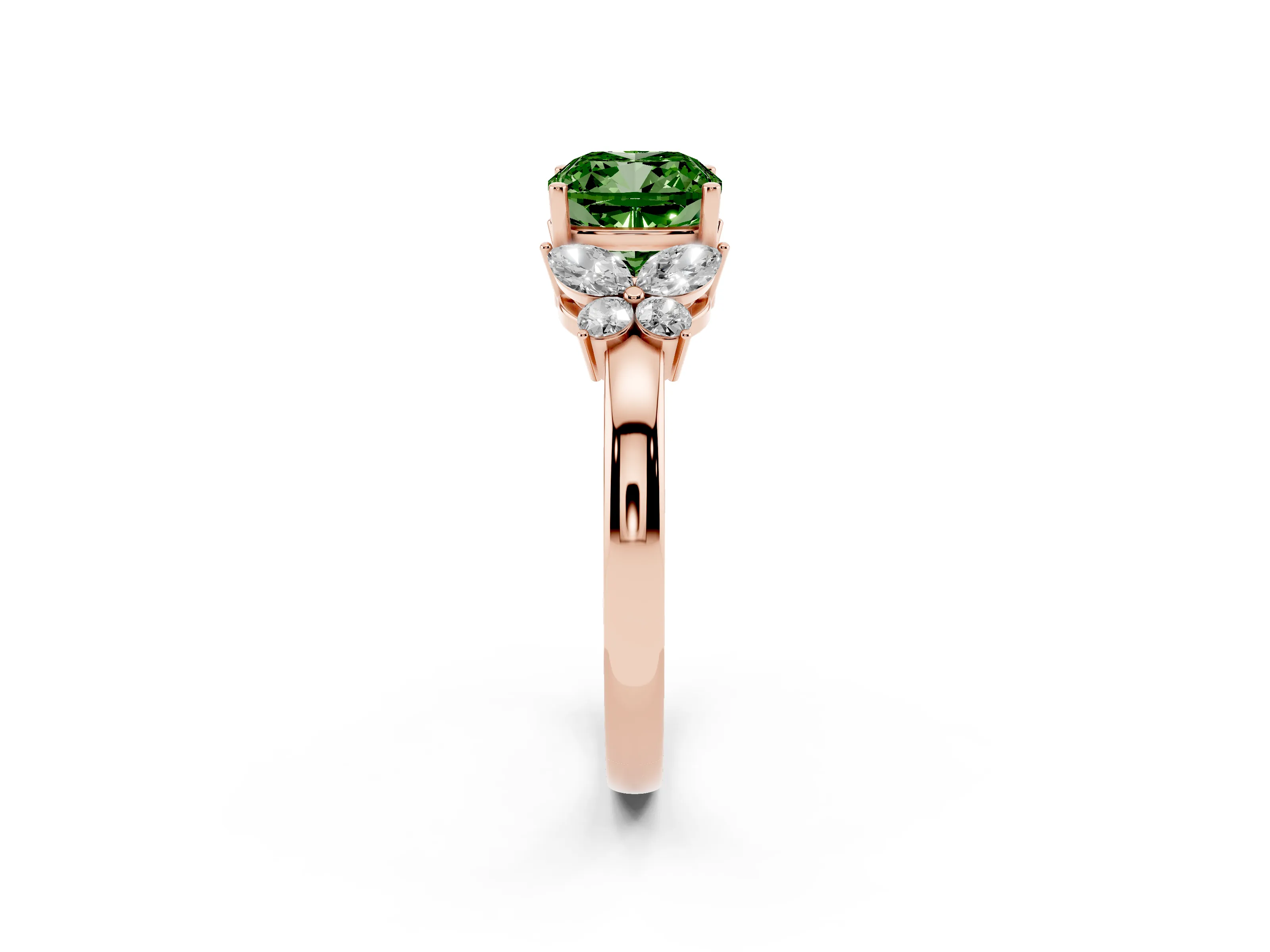 Fancy Green Cushion Cut Diamond Solitaire Floral Ring Set in Rose gold with Marquise Petals and Prong Setting