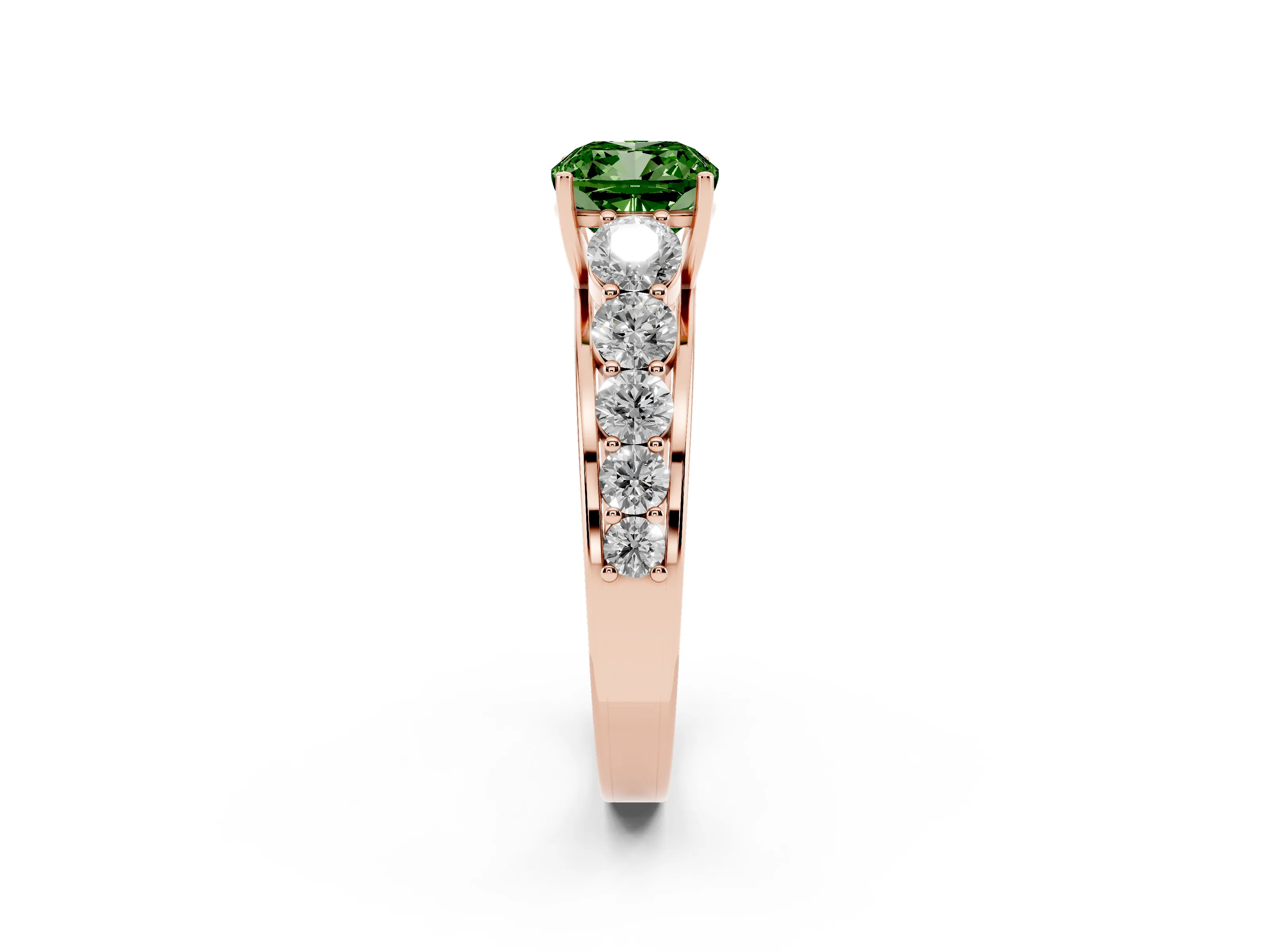 Fancy Green Cushion Cut Diamond Solitaire Ring Set in Rose gold with Pavé-Set Band and Prong Setting