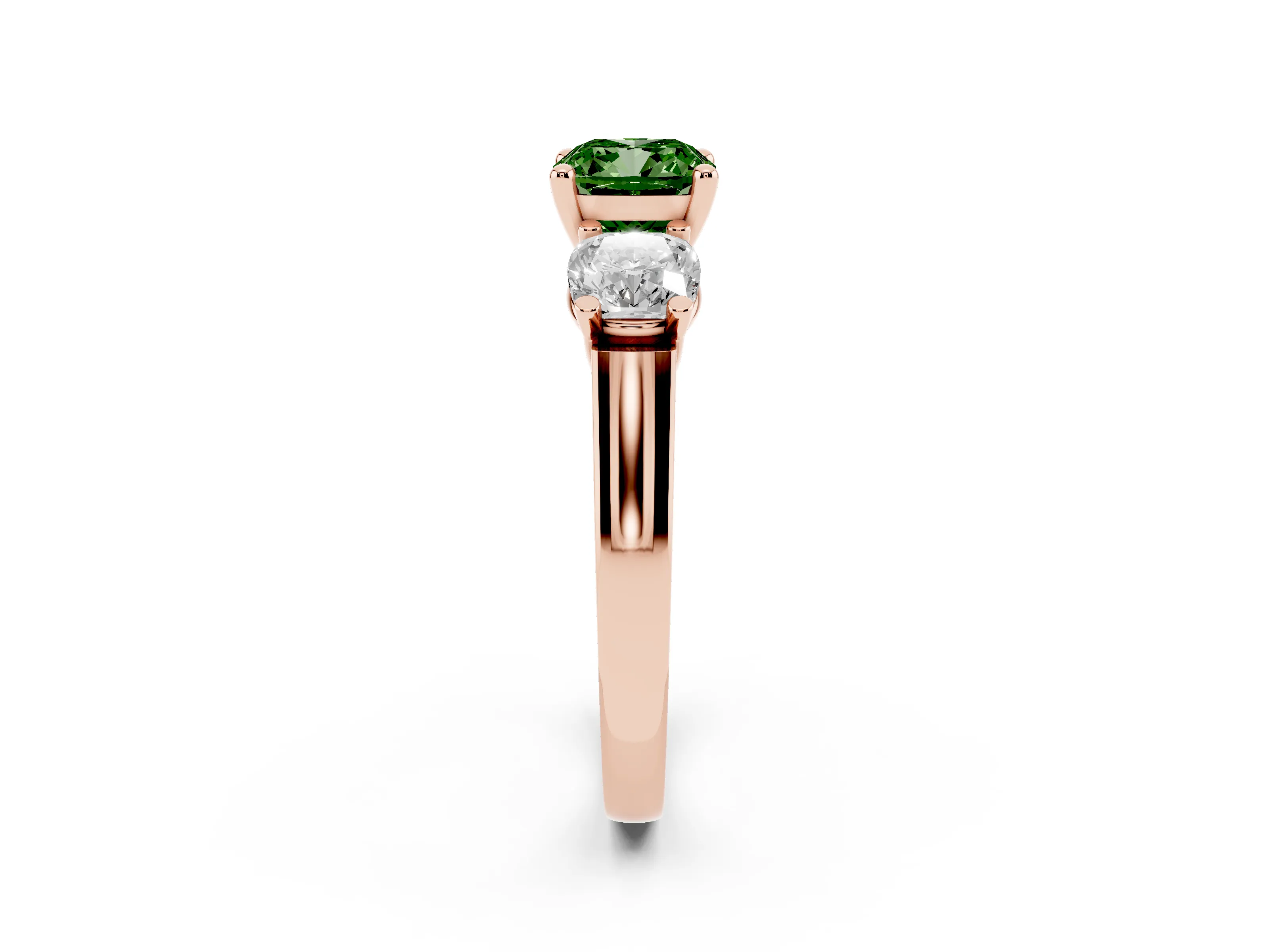 Fancy Green Cushion Cut Diamond Three-Stone Trellis Ring Set in Rose gold with Comfort Fit Band