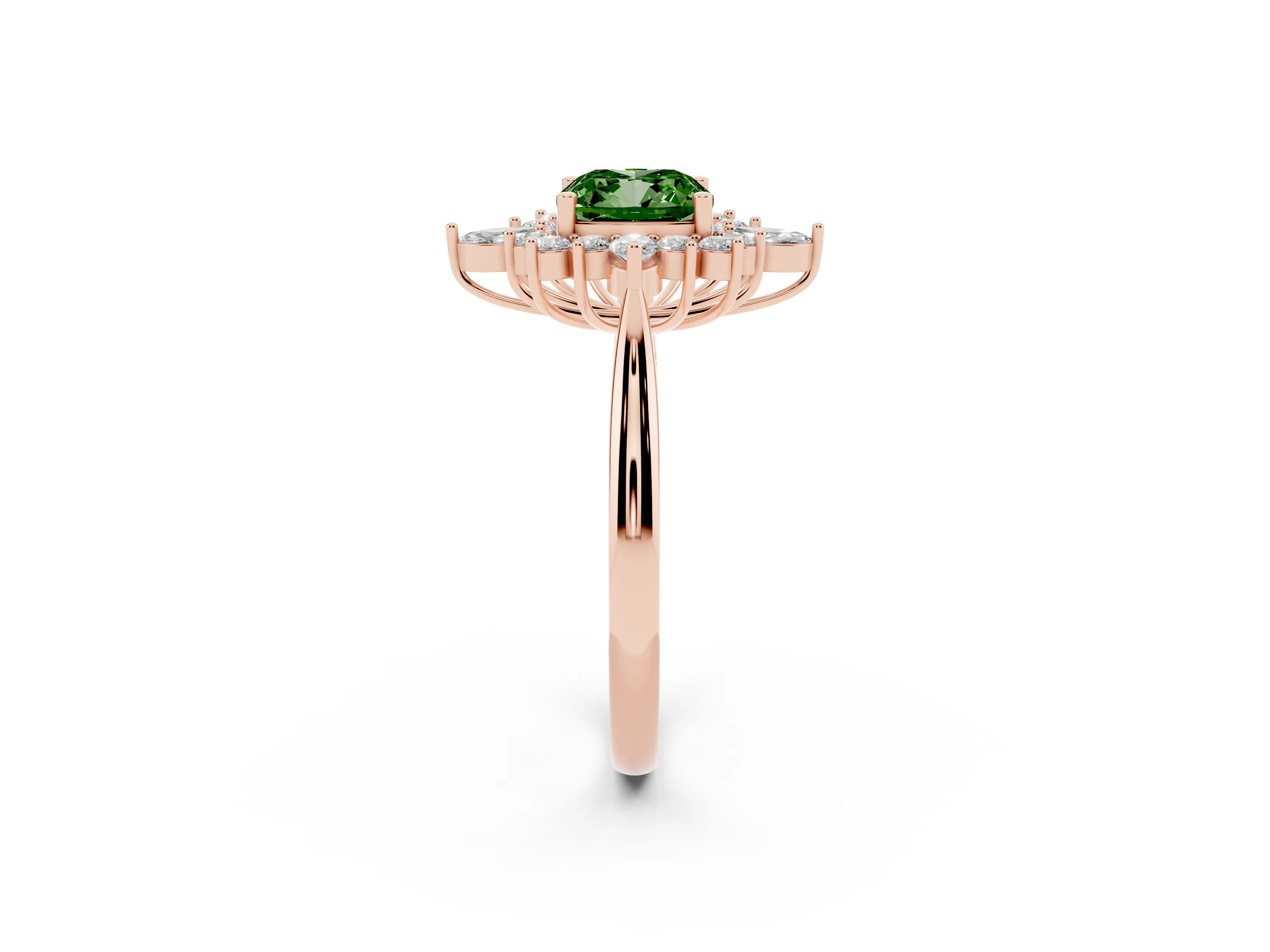 Fancy Green Cushion Cut Diamond Cluster Halo Ring Set in Rose gold with Marquise and Round Accents