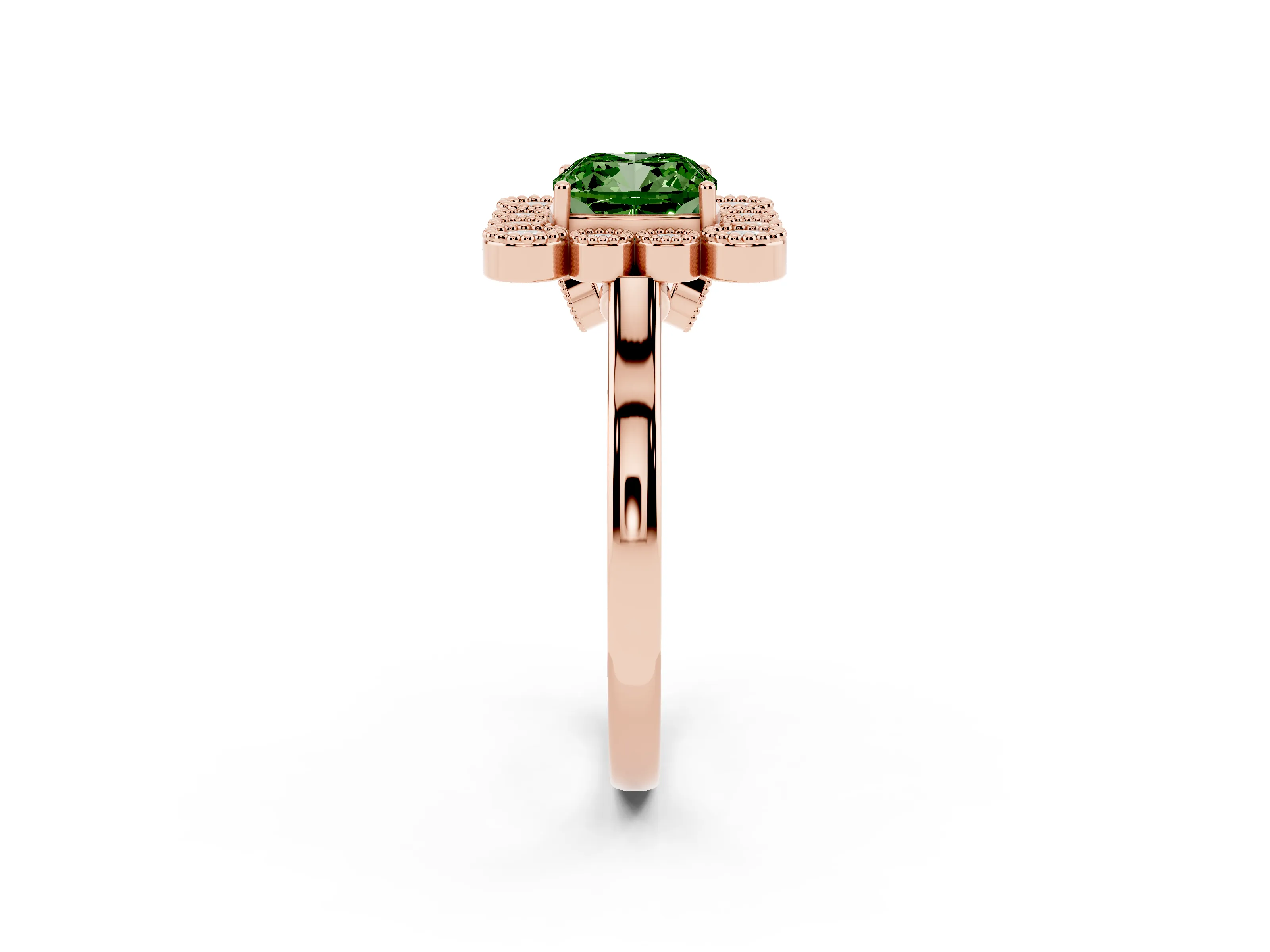 Fancy Green Cushion Cut Diamond Cluster Halo Ring Set in Rose gold with Milgrain Bezel Accents and Plain Band