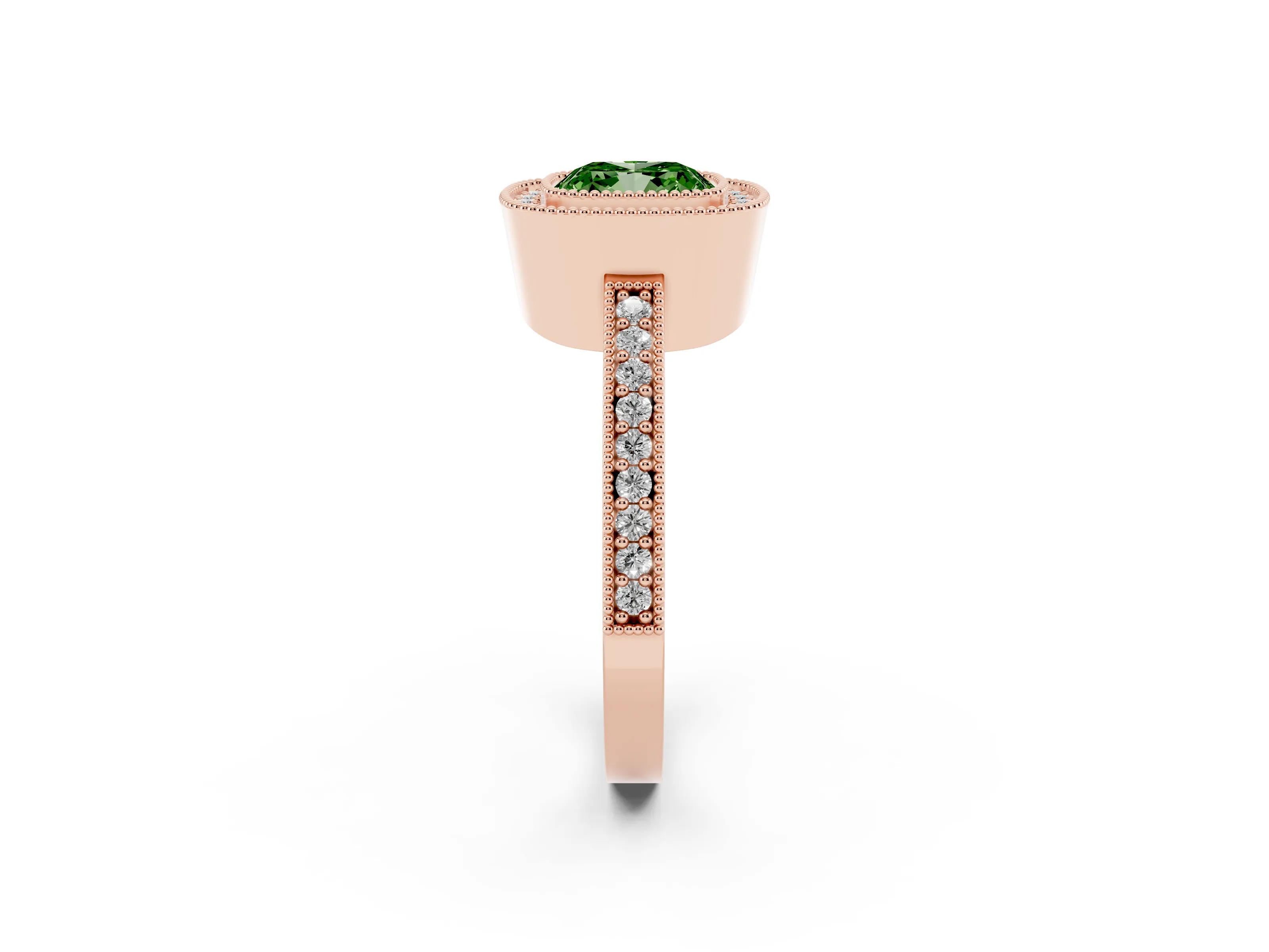 Fancy Green Cushion Cut Diamond Halo Engagement Ring Set in Rose gold with Pavé Band and Round Halo Stones