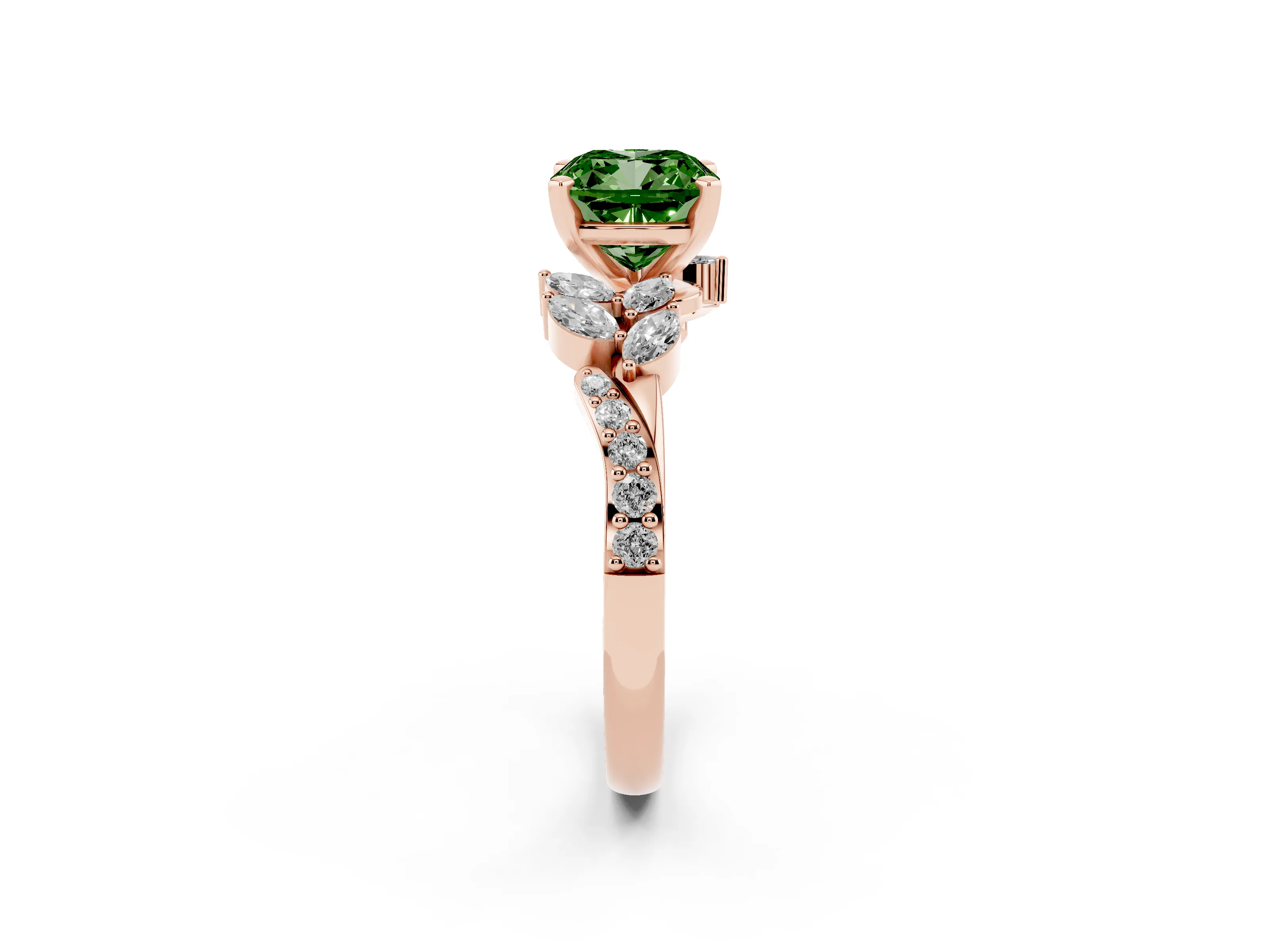Fancy Green Cushion Cut Diamond Solitaire Ring Set in Rose gold with Marquise Twist Band and Prong Setting