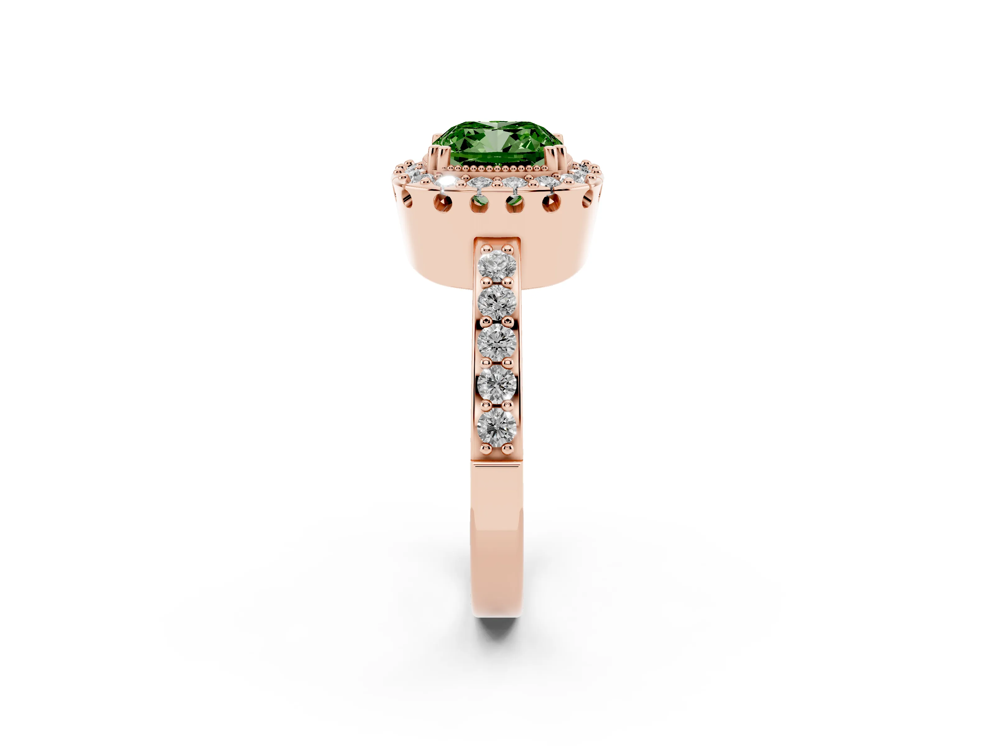 Fancy Green Cushion Cut Diamond Halo Ring Set in Rose gold with Pavé Shank and Prong Setting