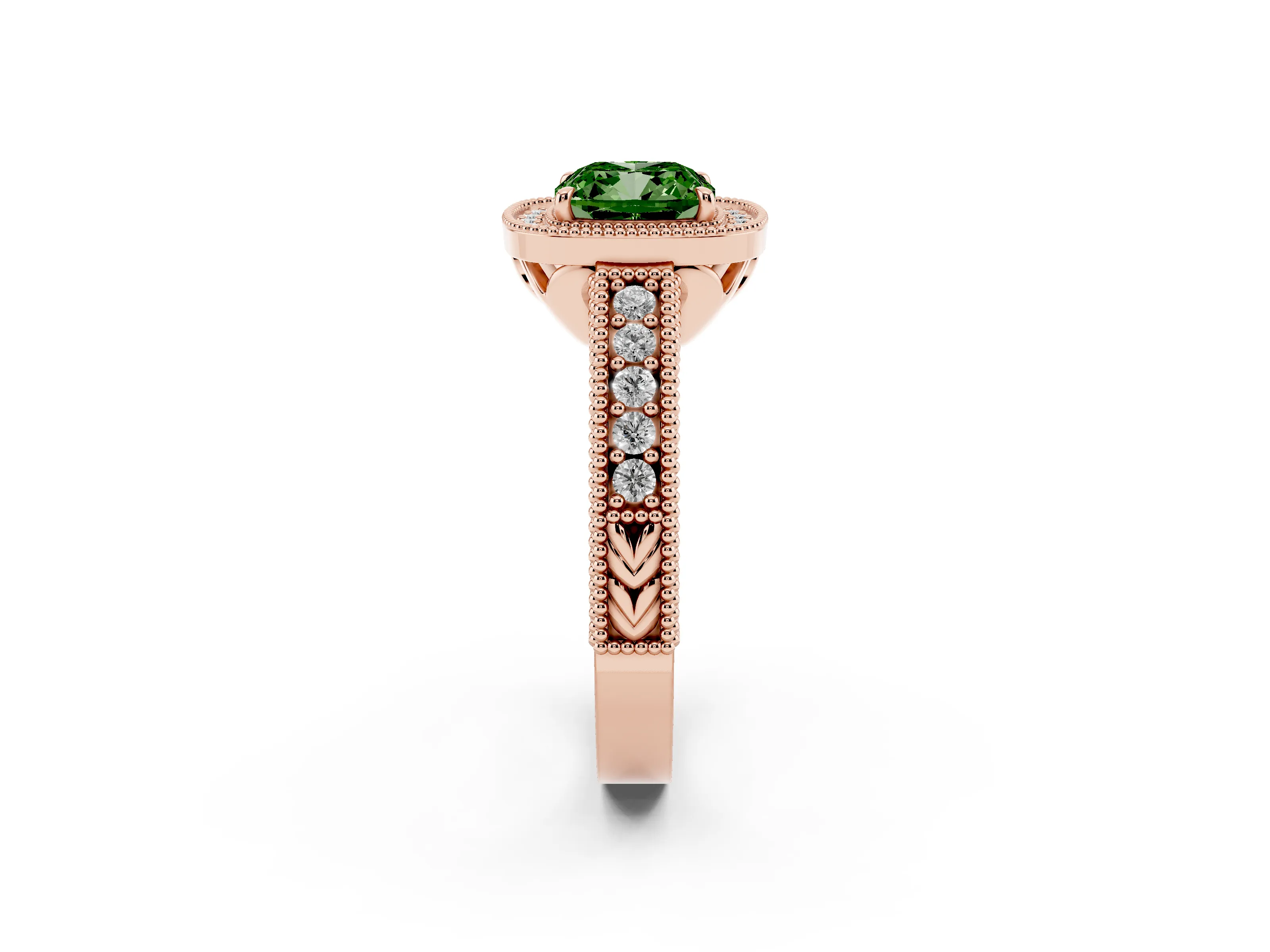 Fancy Green Cushion Cut Diamond Halo Ring Set in Rose gold with Round Accent Halo, Pavé Band and Prong Setting