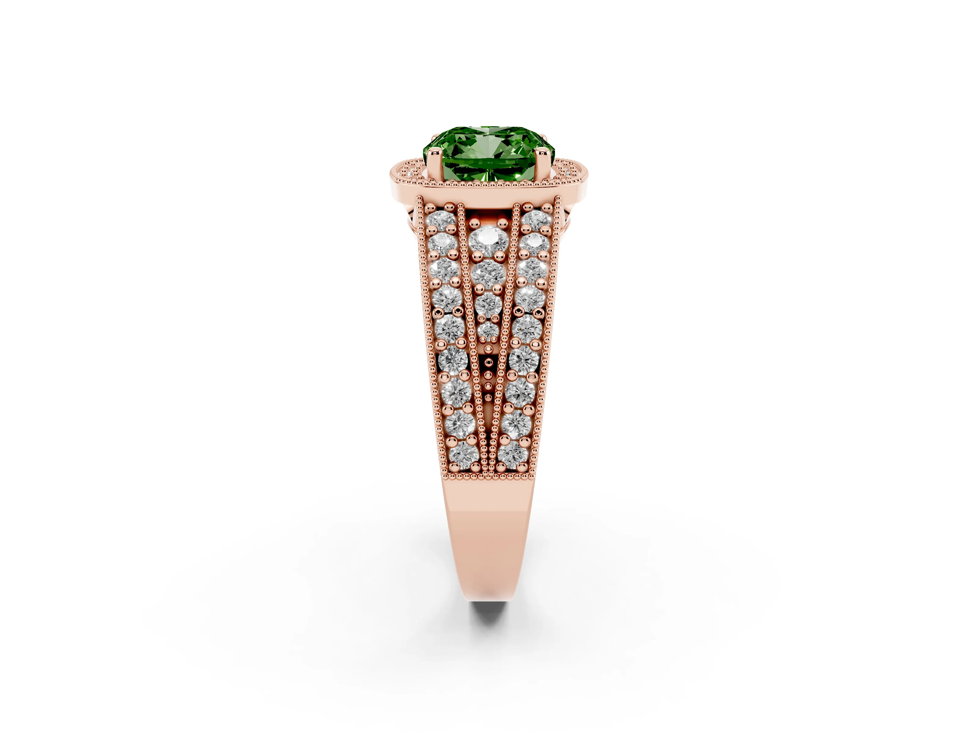 Fancy Green Cushion Cut Diamond Halo Ring Set in Rose gold with Accent Split Shank and Prong Setting