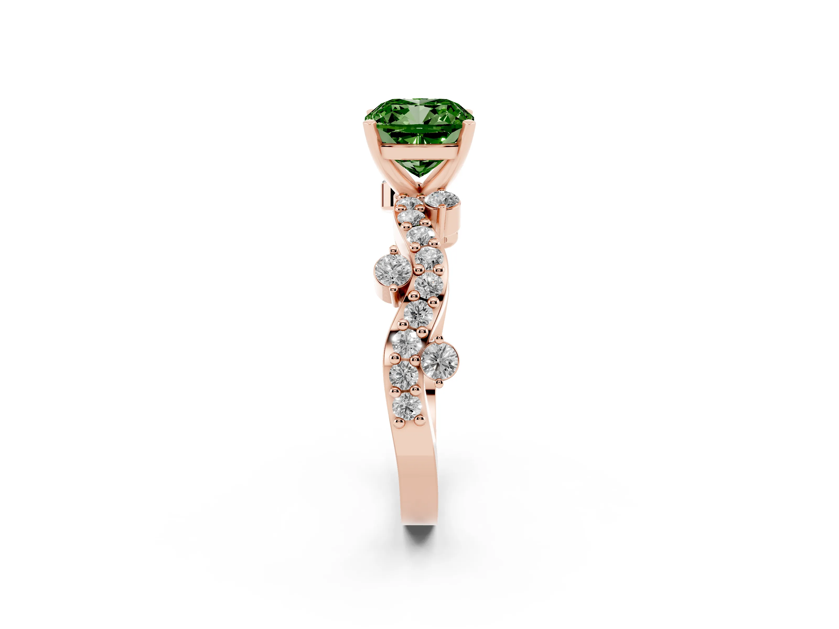 Fancy Green Cushion Cut Diamond Solitaire Twisted Band Set in Rose gold with Pavé Setting