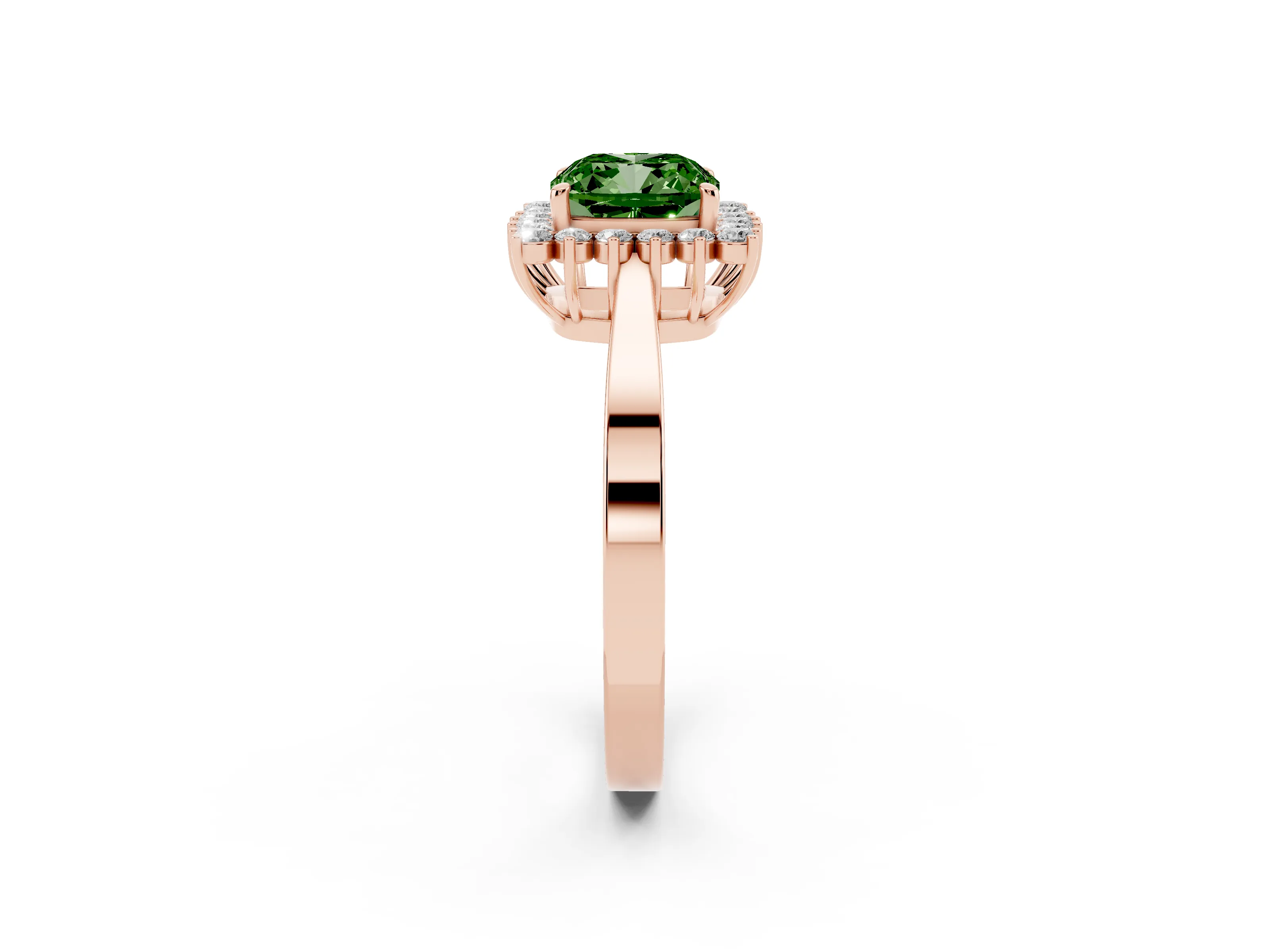 Fancy Green Cushion Cut Diamond Halo Ring Set in Rose gold with Round Halo and Smooth Solitaire Band