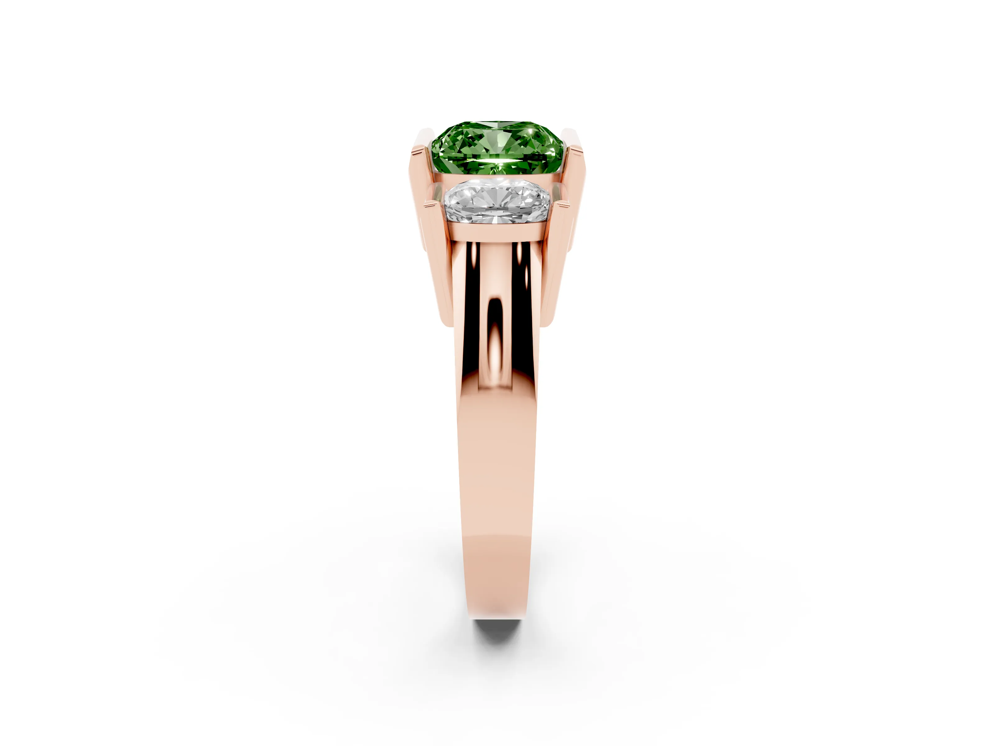 Fancy Green Cushion Cut Diamond Three-Stone Channel Set Ring Set in Rose gold with Smooth Polished Band