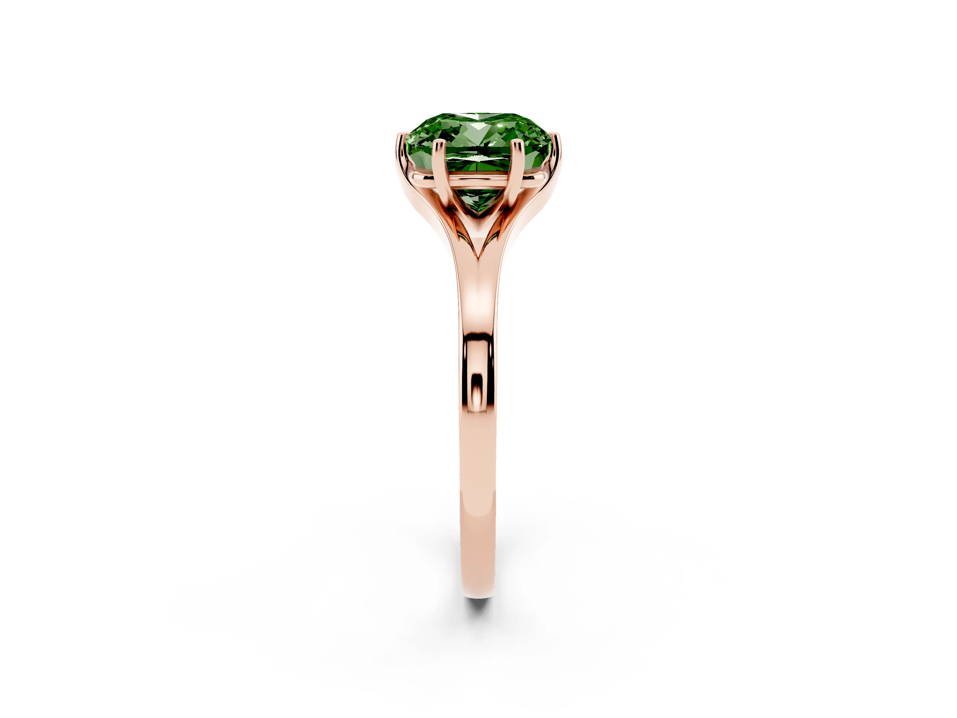 Fancy Green Cushion Cut Diamond Solitaire Ring Set in Rose gold with Polished Tapered Band and Prong Setting