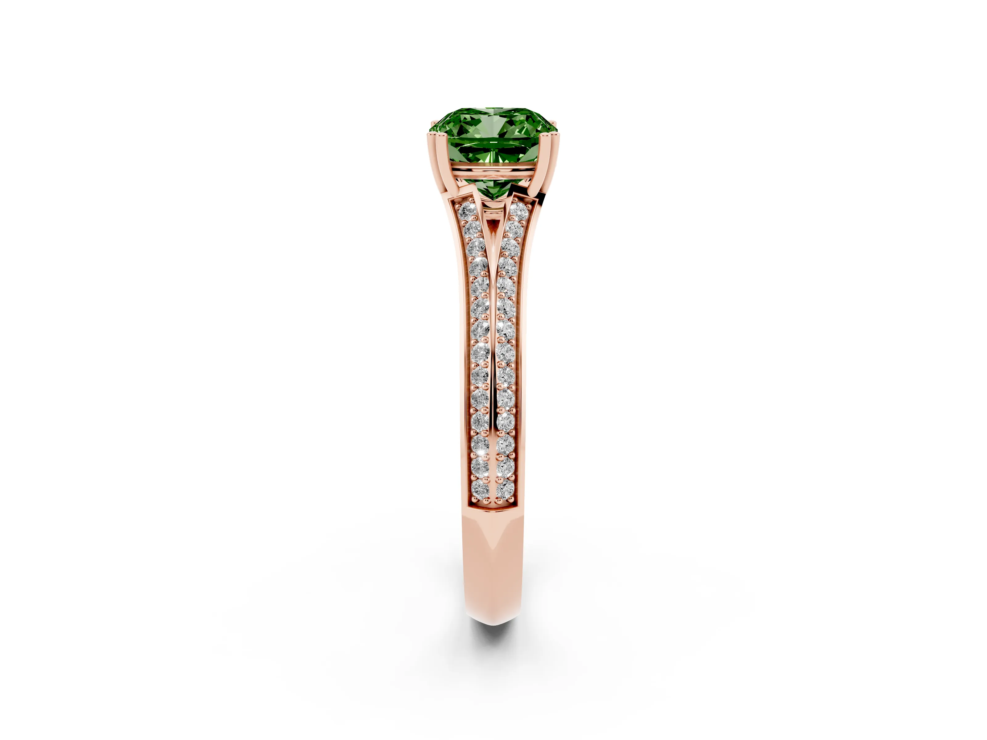 Fancy Green Cushion Cut Diamond Split Shank Pavé Engagement Ring Set in Rose gold with Prong-Set Center Stone