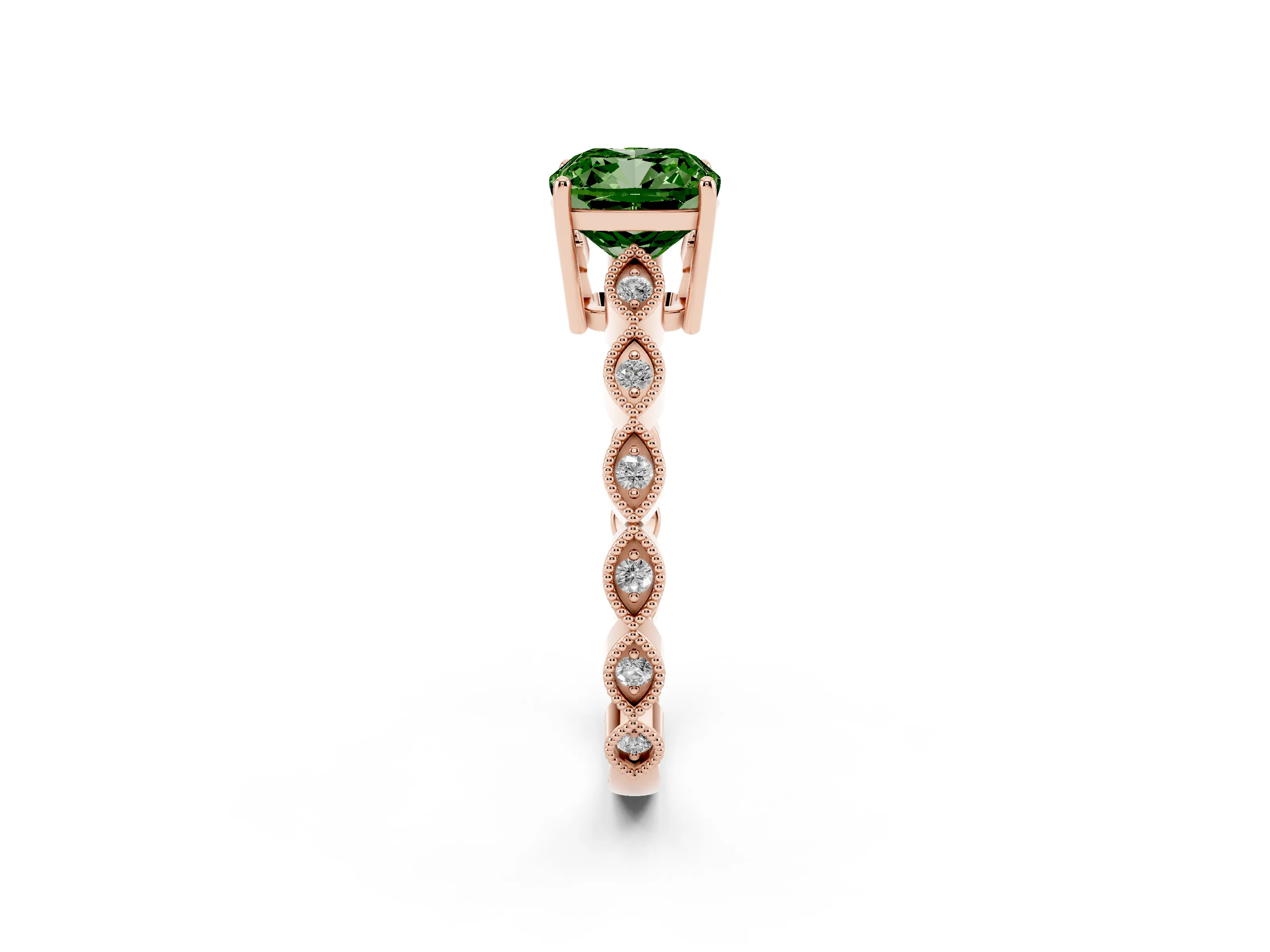 Fancy Green Cushion Cut Diamond Solitaire Ring Set in Rose gold with Infinity Twist Pavé Band