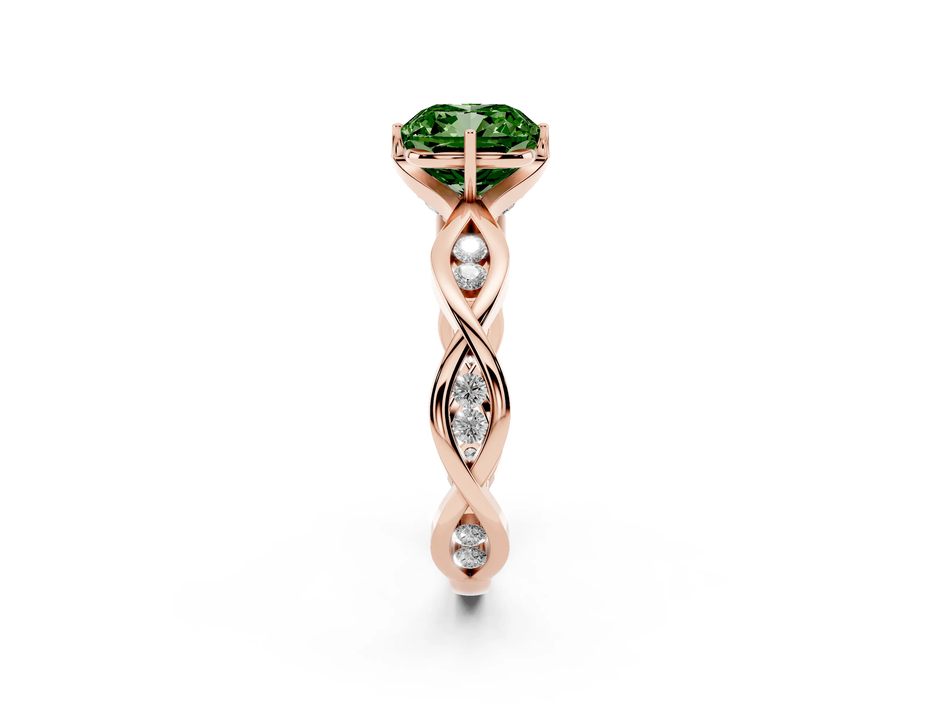 Fancy Green Cushion Cut Diamond Twist Band Solitaire Ring Set in Rose gold with Leaf Prong Setting and Accent Stones