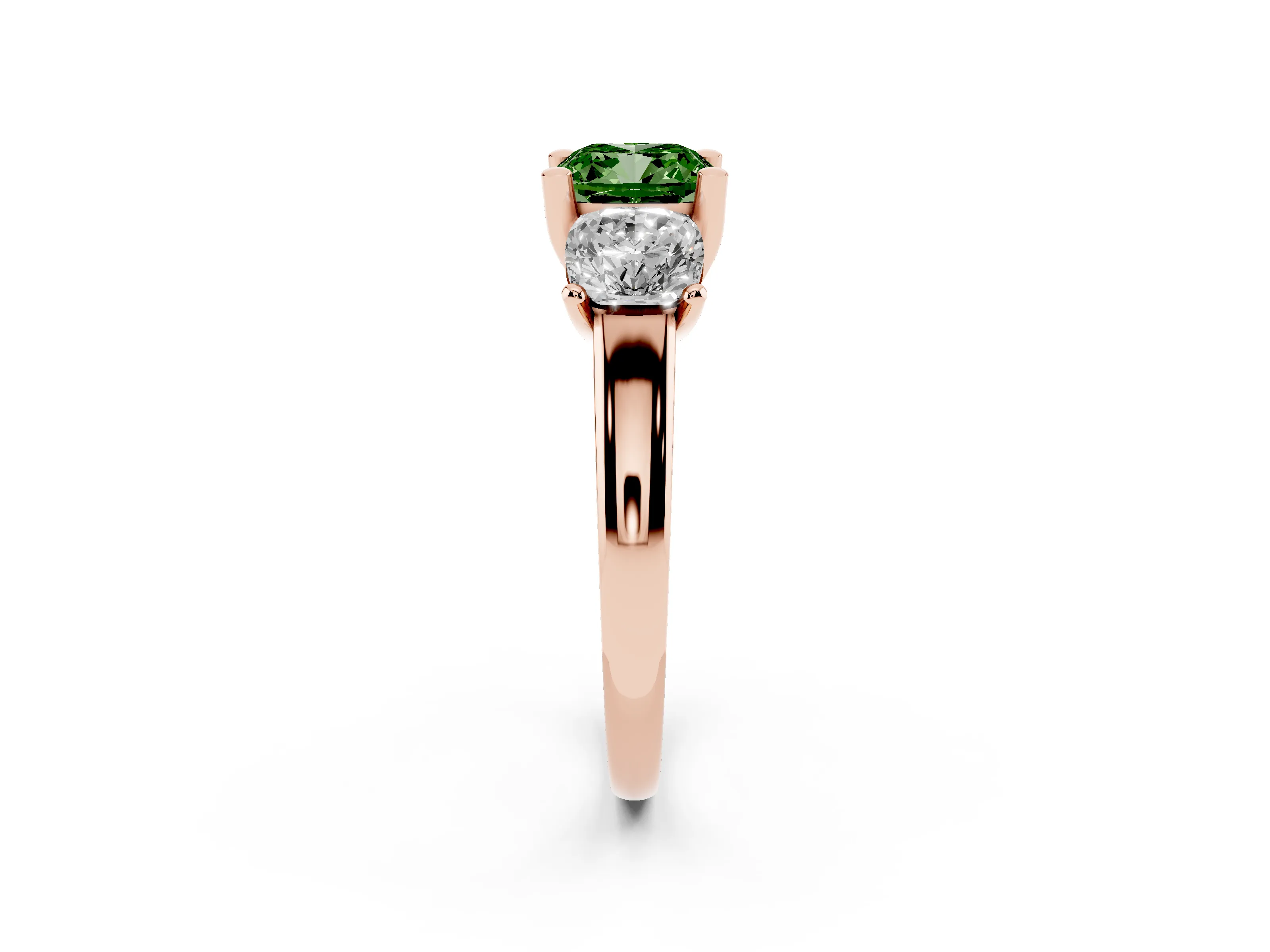 Fancy Green Cushion Cut Diamond Three-Stone Ring Set in Rose gold with Classic Prong Setting and Plain Band