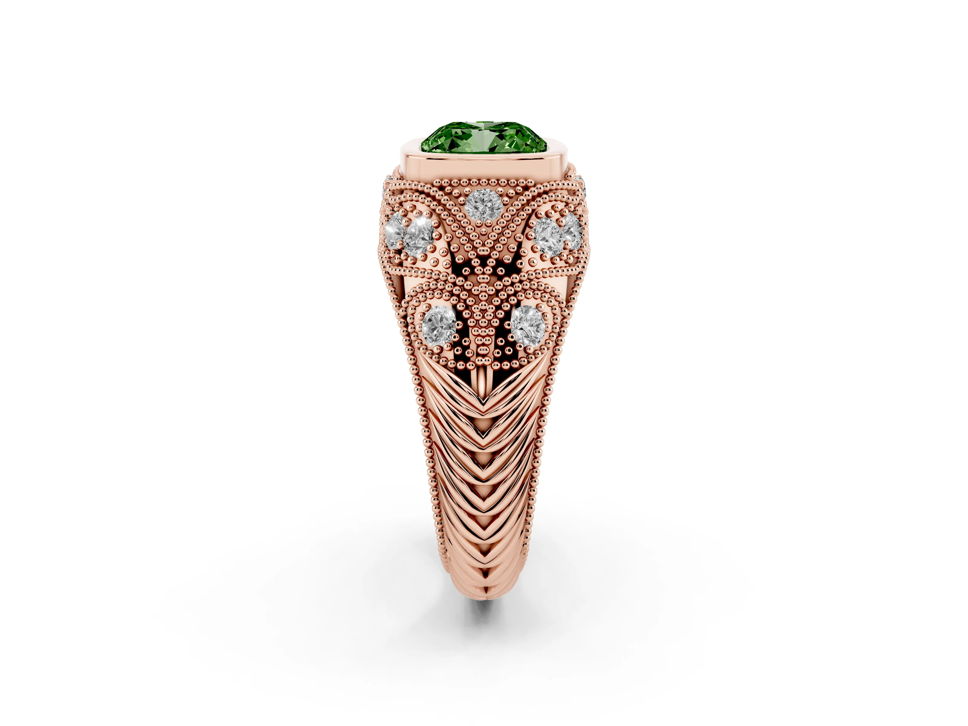 Fancy Green Cushion Cut Diamond Bezel Ring Set in Rose gold with Milgrain Accent Band