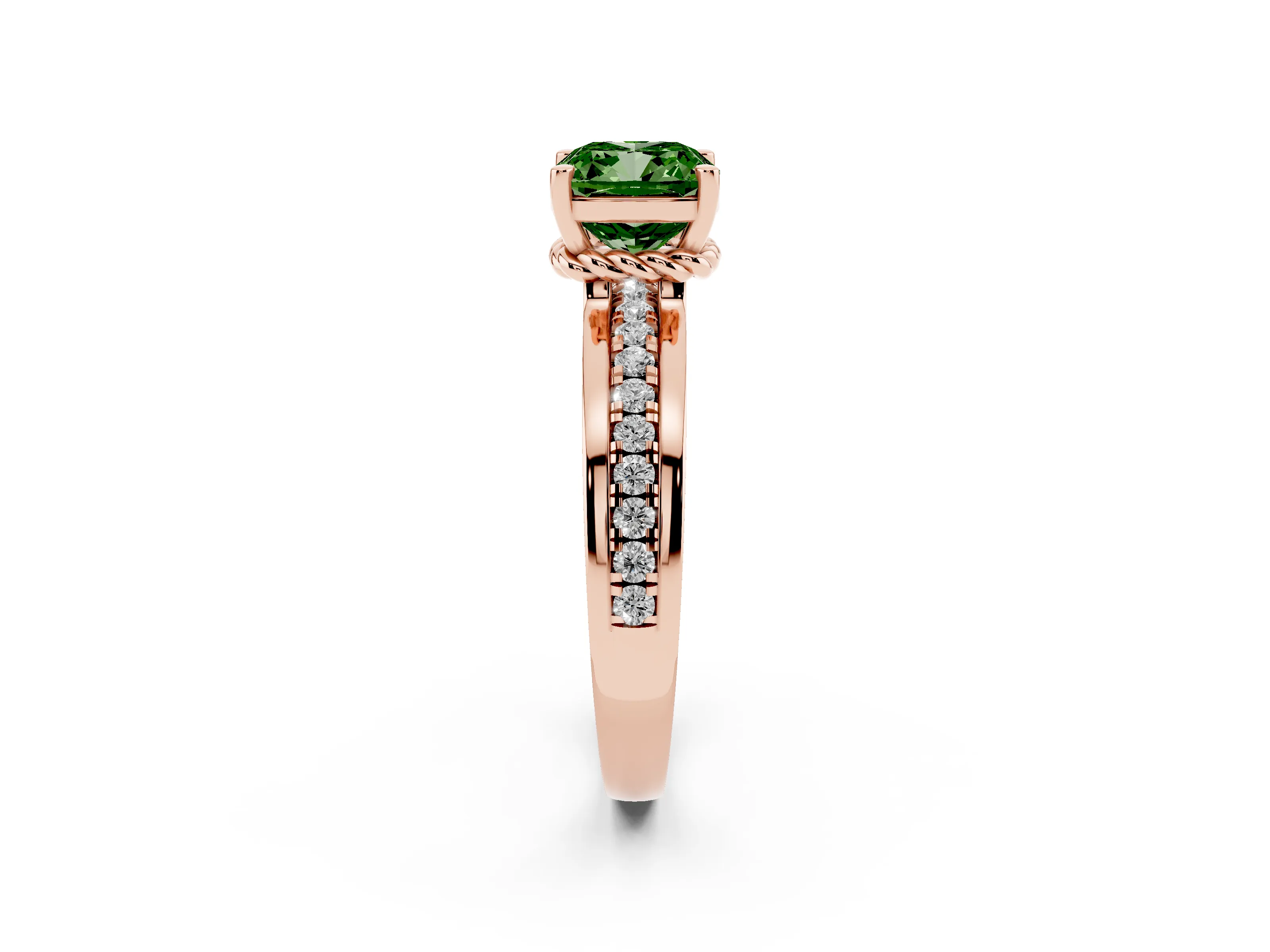 Fancy Green Cushion Cut Diamond Solitaire Ring Set in Rose gold with Channel Set Band and Prong Setting