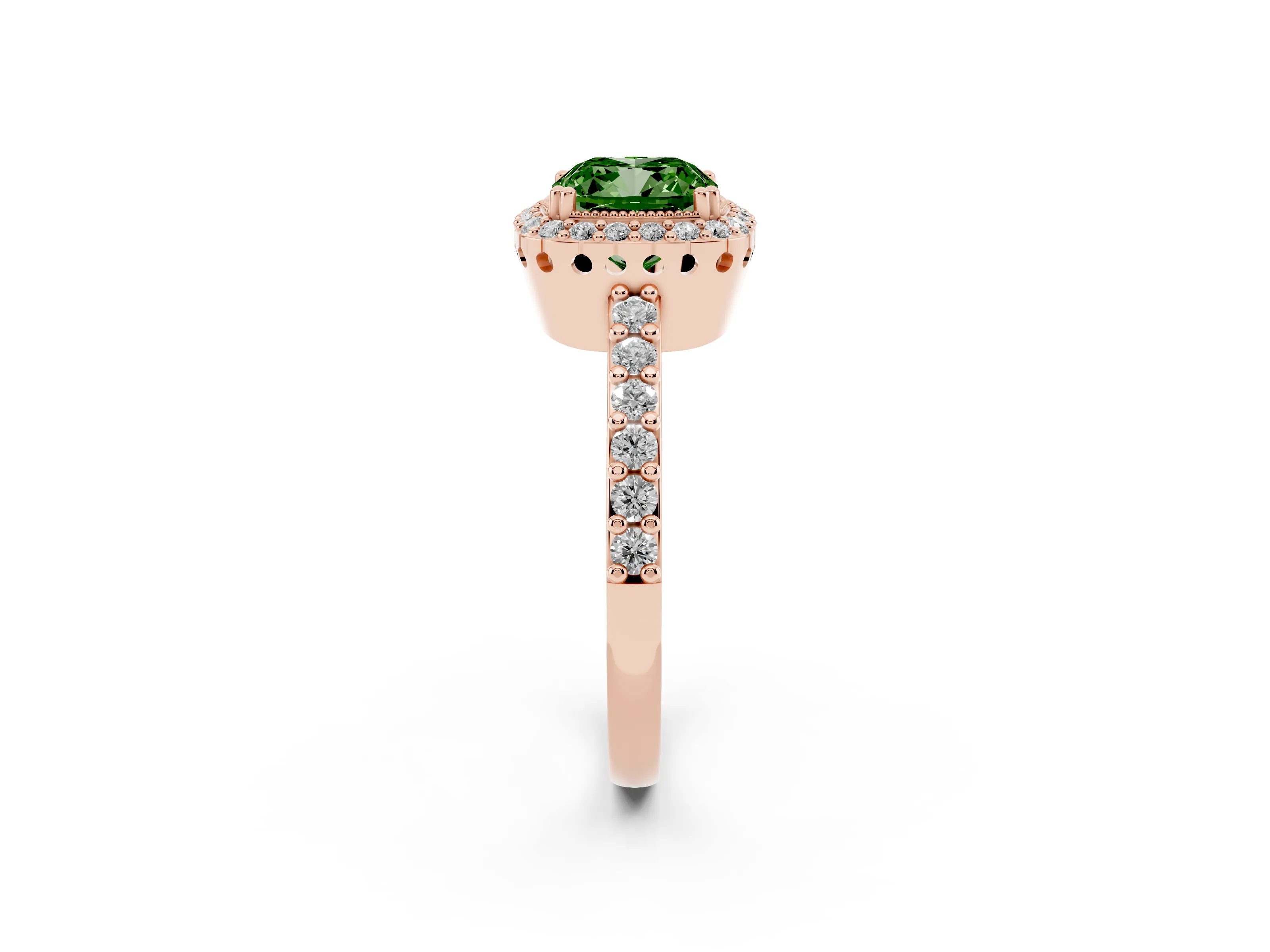 Fancy Green Cushion Cut Diamond Halo Engagement Ring Set in Rose gold with Milgrain Detail and Pavé Band