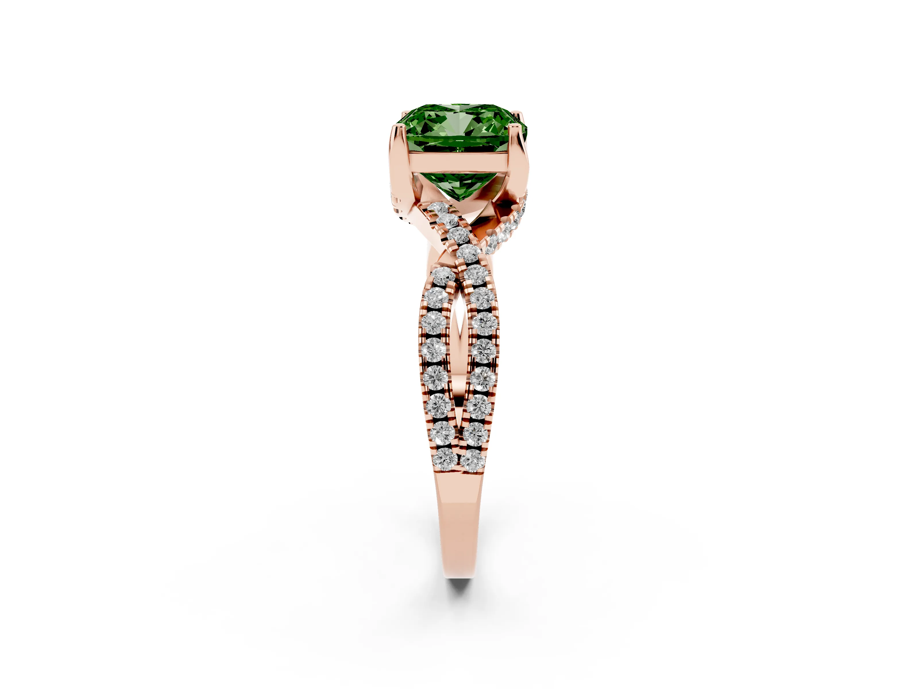 Fancy Green Cushion Cut Diamond Twist Pavé Solitaire Engagement Ring Set in Rose gold with Prong Setting