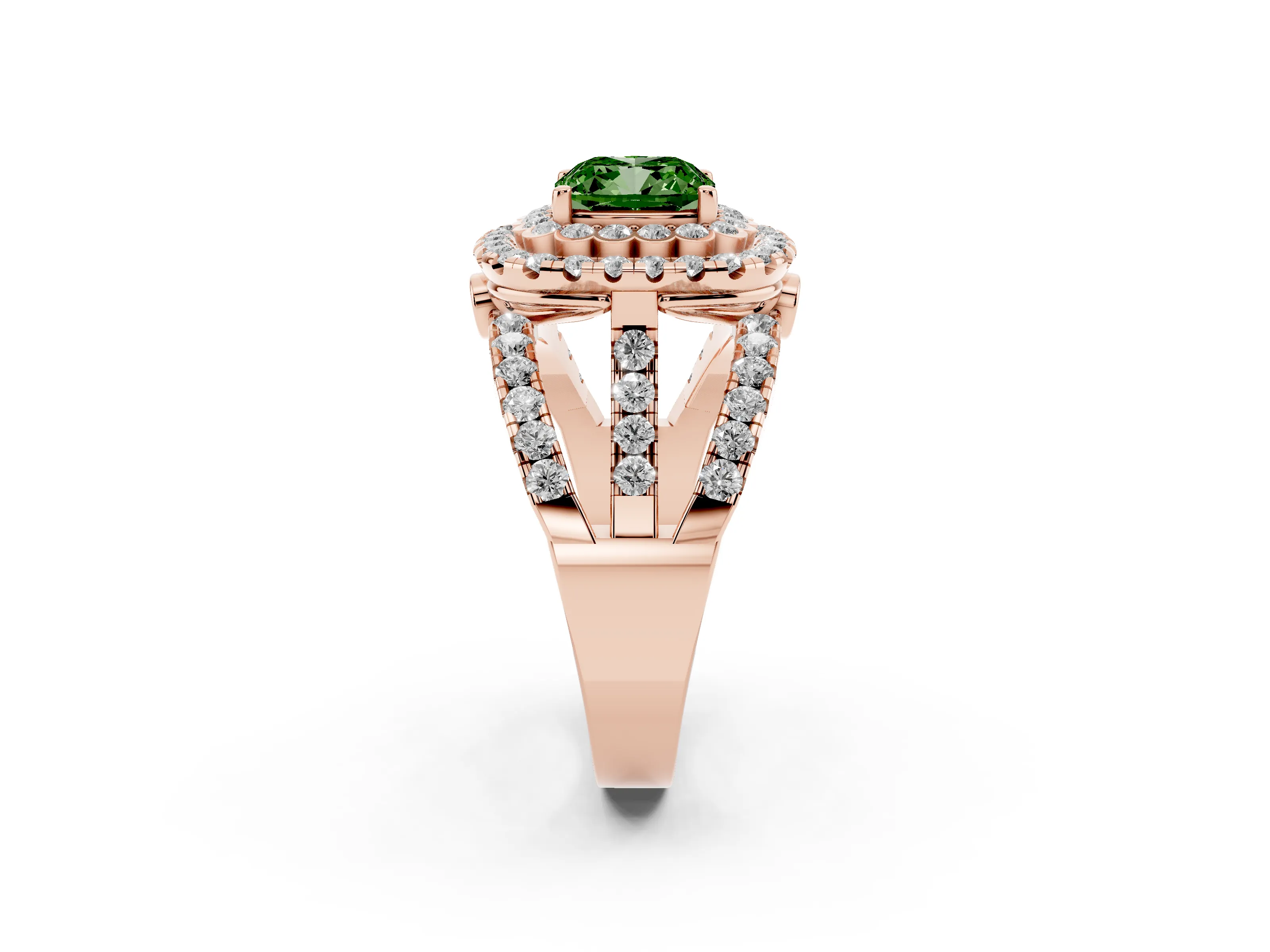 Fancy Green Cushion Cut Diamond Double Halo Ring Set in Rose gold with Round Pavé Split Shank