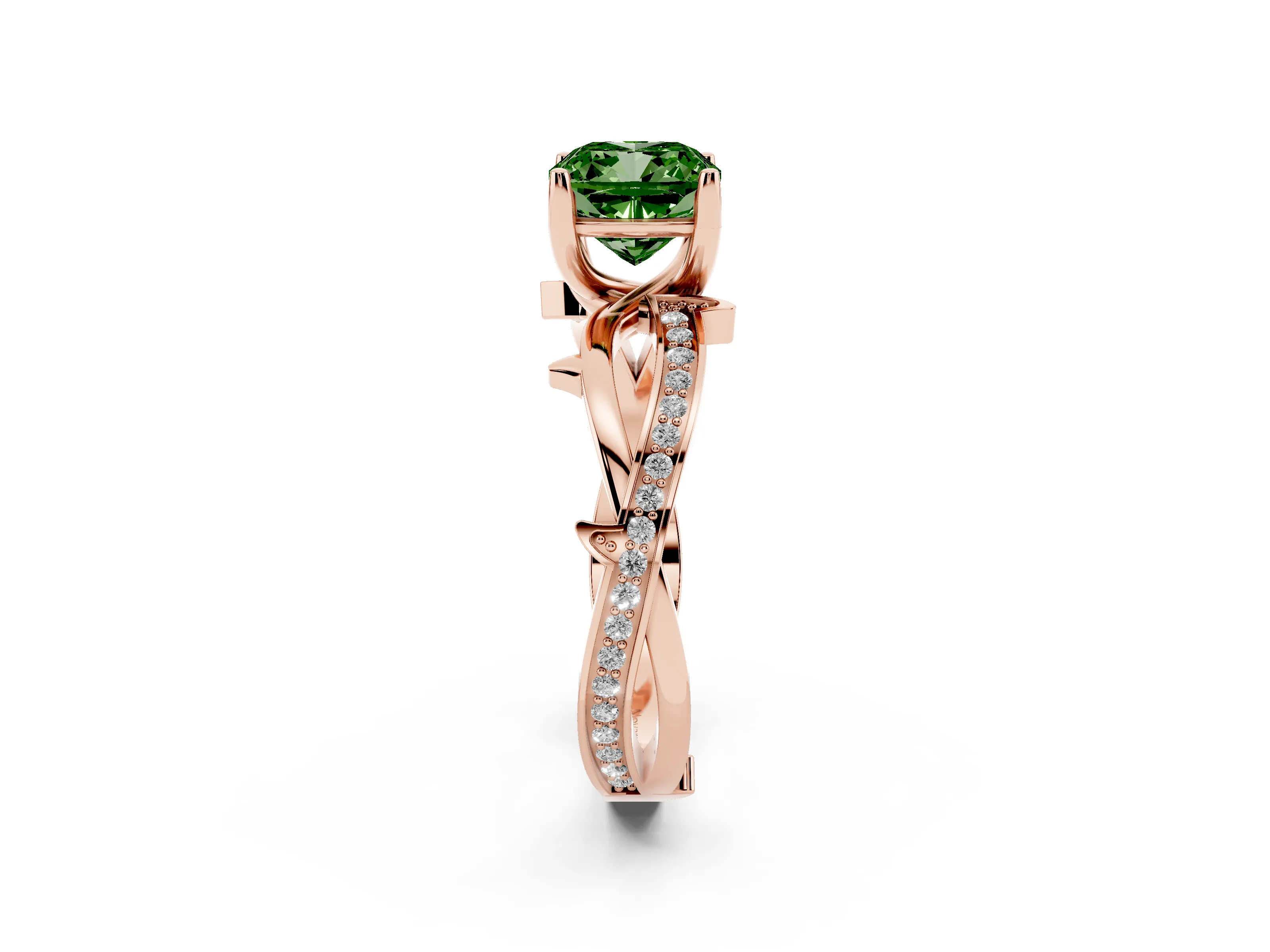 Fancy Green Cushion Cut Diamond Pavé Twist Band Solitaire Ring Set in Rose gold with Prong Setting