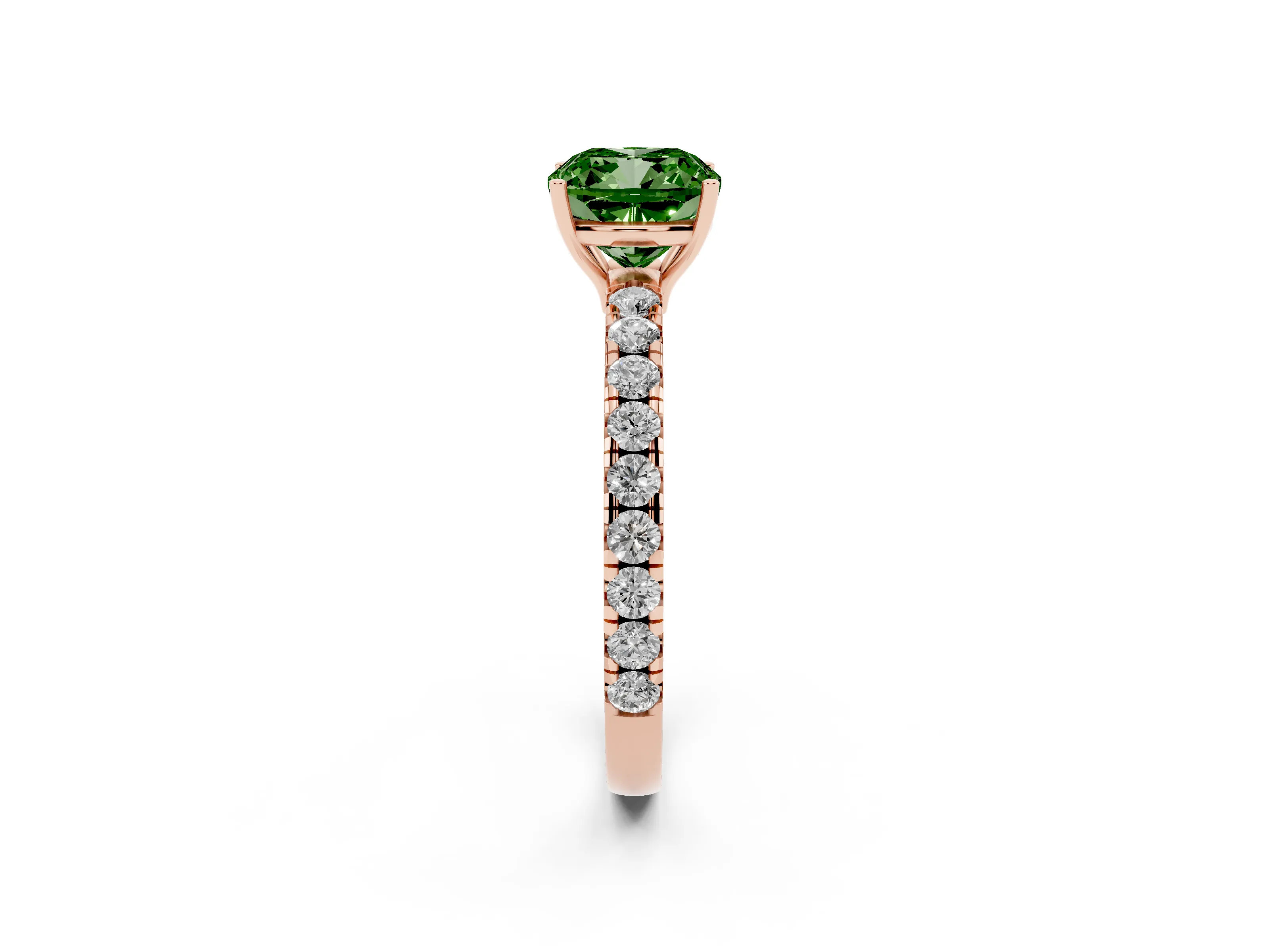 Fancy Green Cushion Cut Diamond Pavé Solitaire Engagement Ring Set in Rose gold with Prong Setting