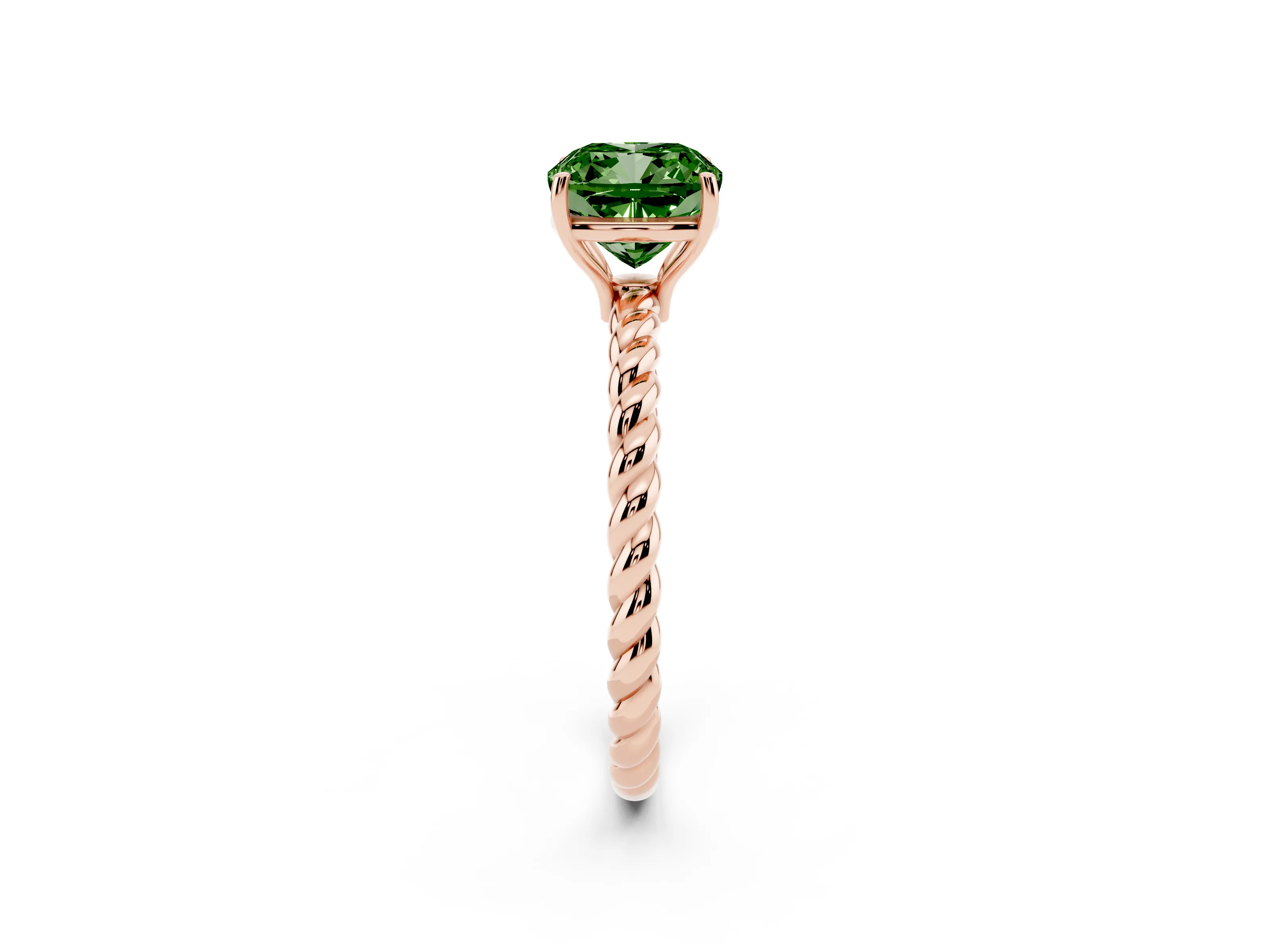 Fancy Green Cushion Cut Diamond Solitaire Ring Set in Rose gold with Twist Band and Prong Setting