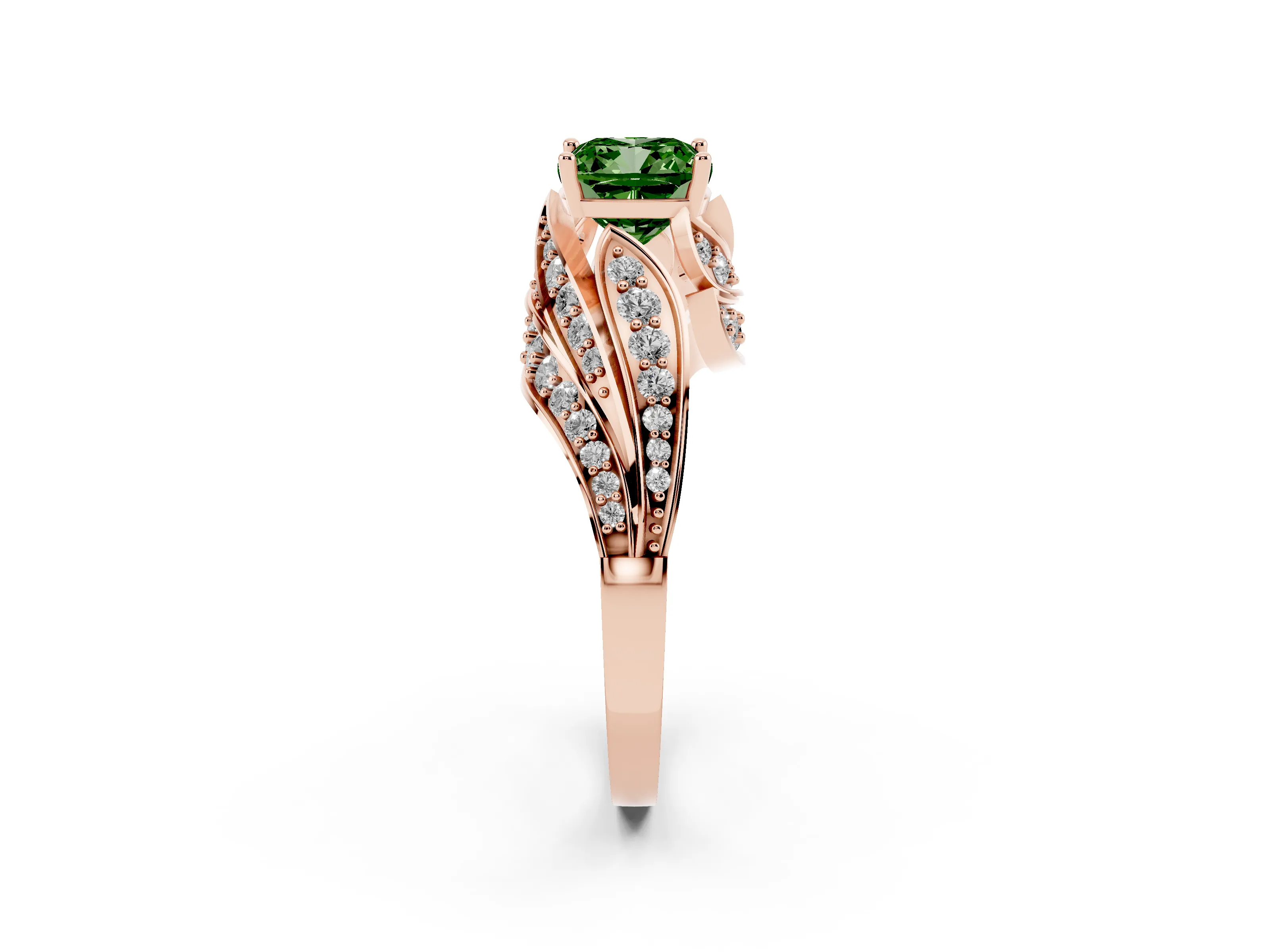 Fancy Green Cushion Cut Diamond Solitaire Ring Set in Rose gold with Layered Twist Pavé Band