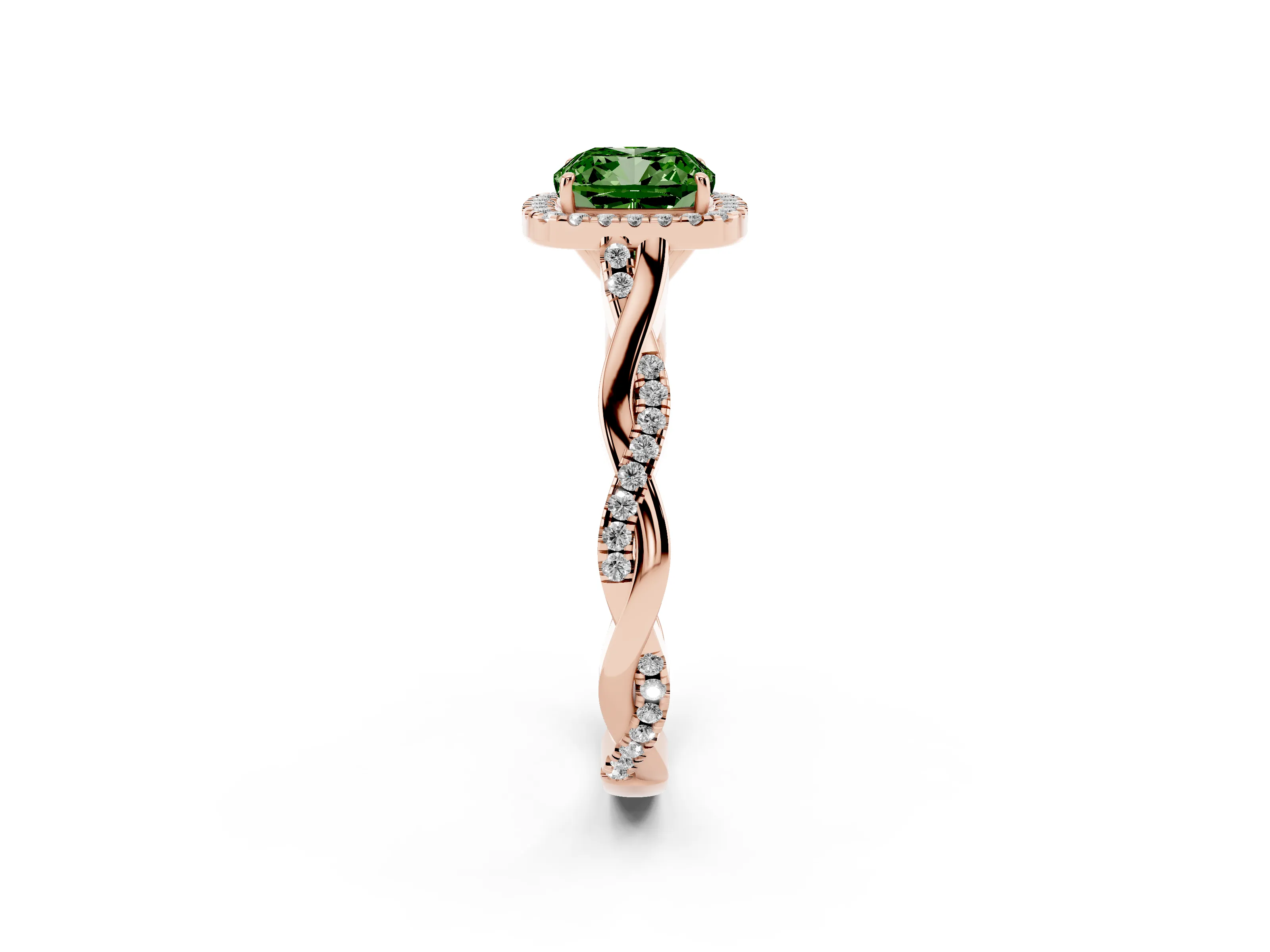 Fancy Green Cushion Cut Diamond Halo Twist Band Solitaire Ring Set in Rose gold with Prong Setting