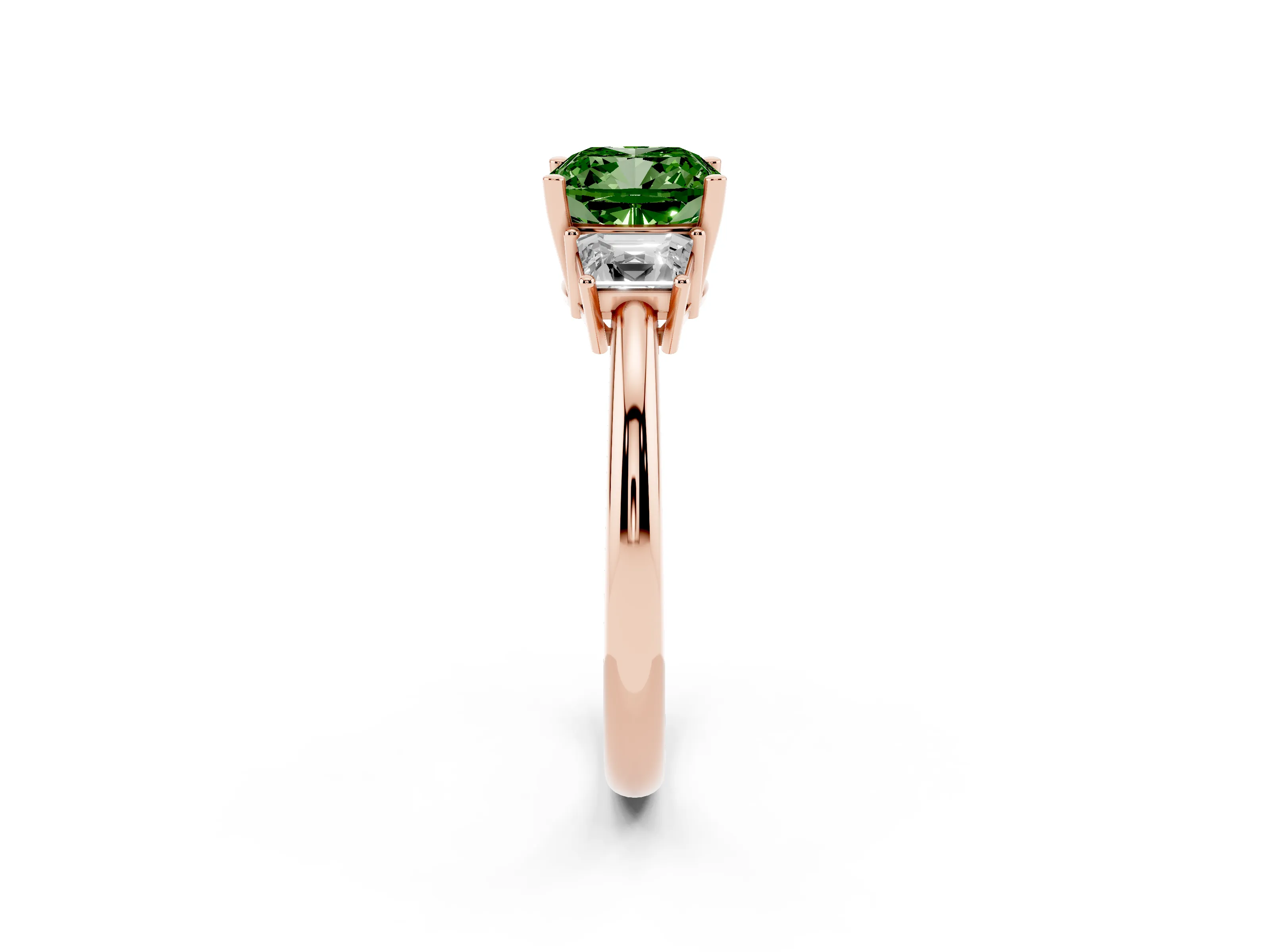 Fancy Green Cushion Cut Diamond Three-Stone Ring Set in Rose gold with Trapezoid Side Stones and Prong Setting