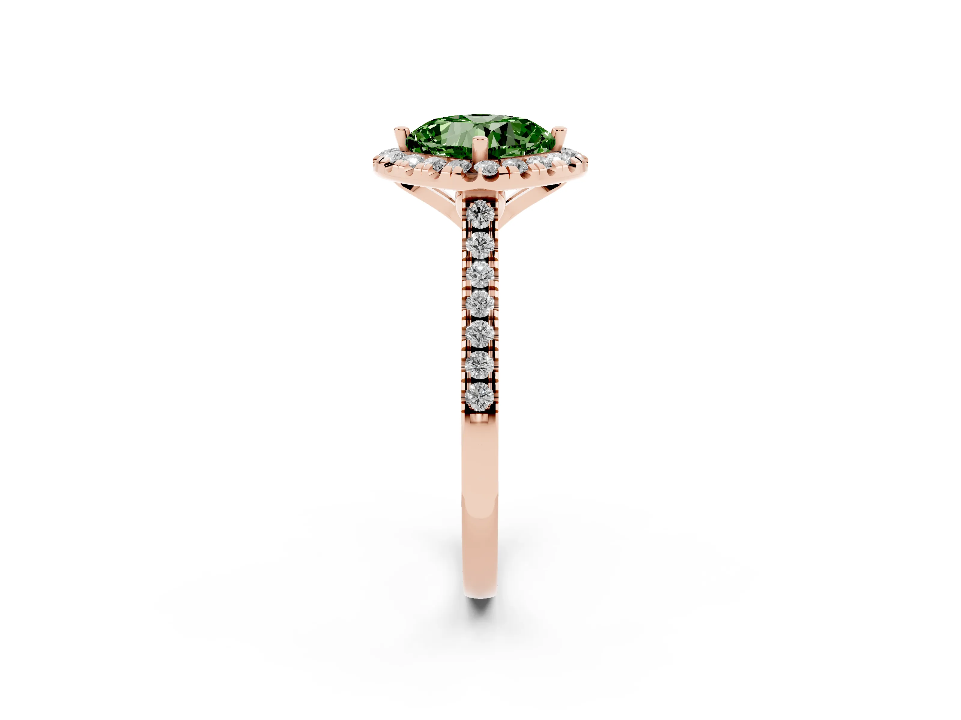 Fancy Green Cushion Cut Diamond Cushion Halo Ring Set in Rose gold with Pavé Band