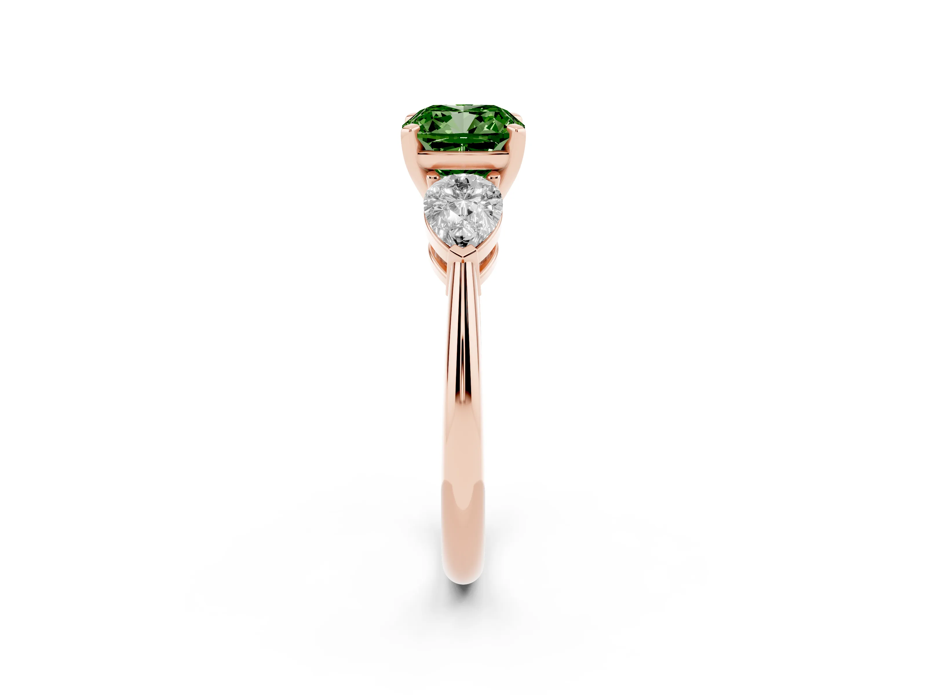 Fancy Green Three-Stone Cushion Cut Diamond Ring Set in Rose gold with Pear Side Stones and Prong Setting
