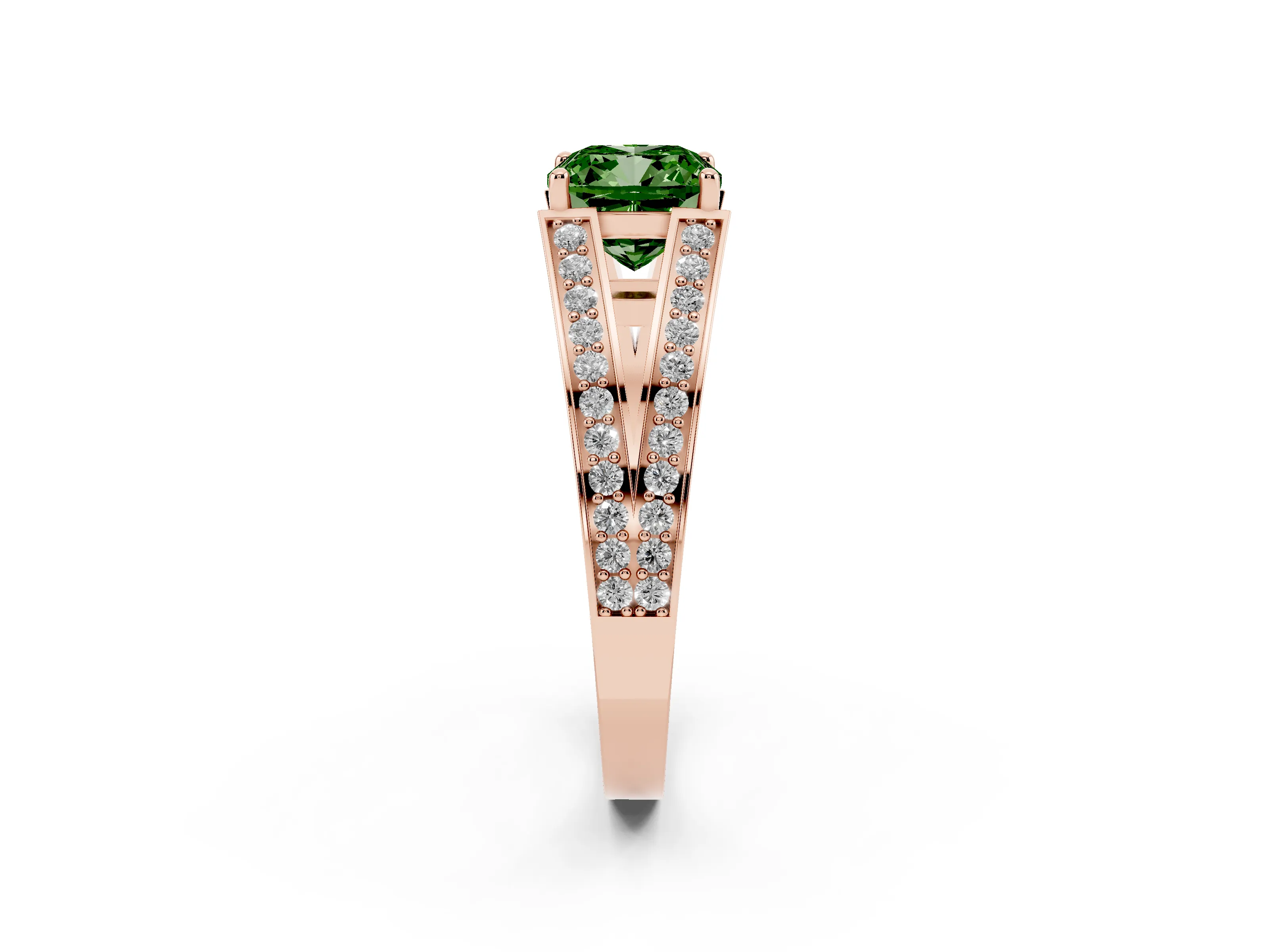 Fancy Green Cushion Cut Diamond Split Shank Ring Set in Rose gold with Pavé Band and Prong Setting