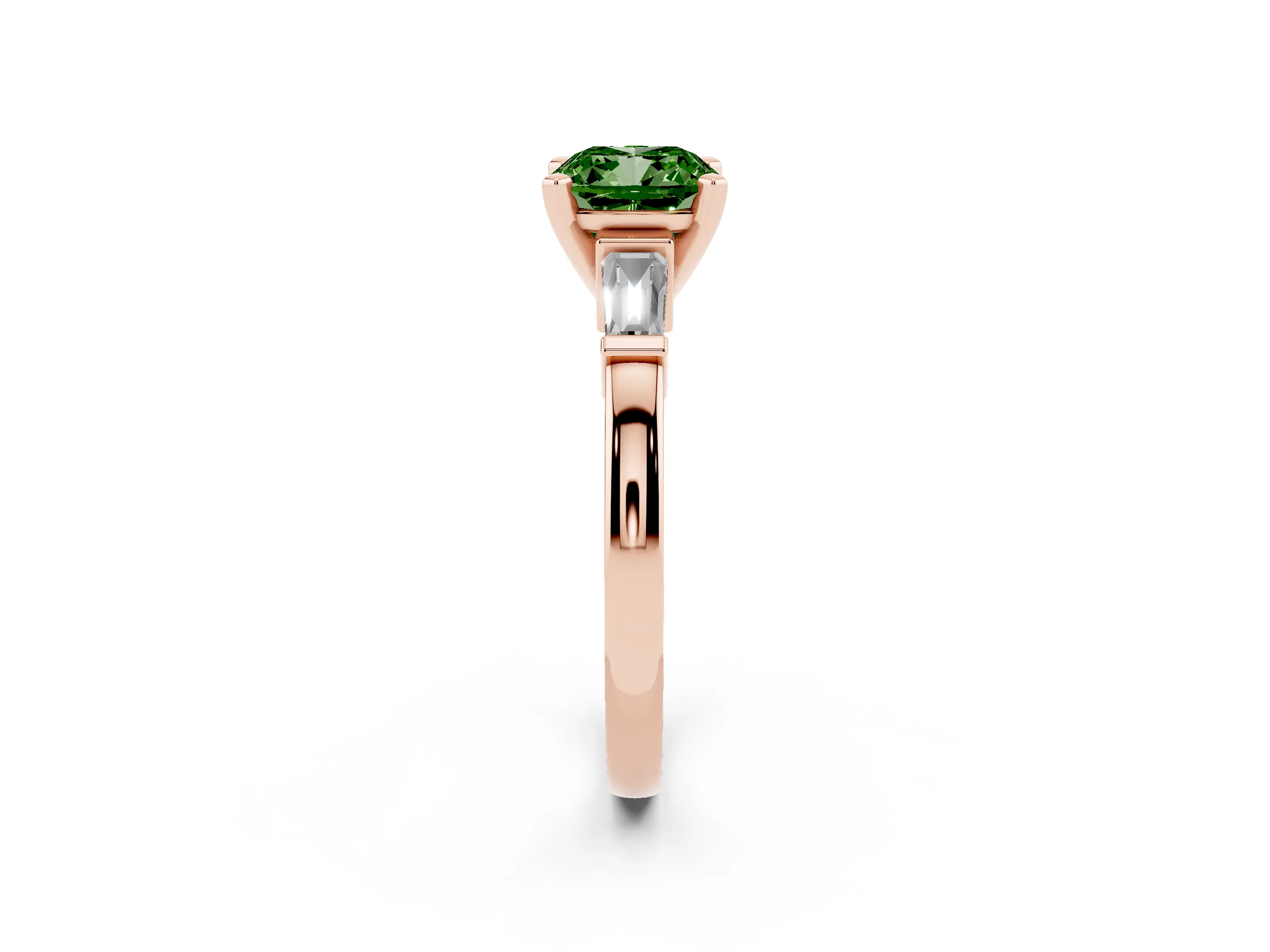 Fancy Green Cushion Cut Diamond Solitaire Ring Set in Rose gold with Tapered Baguette Accents and Prong Setting